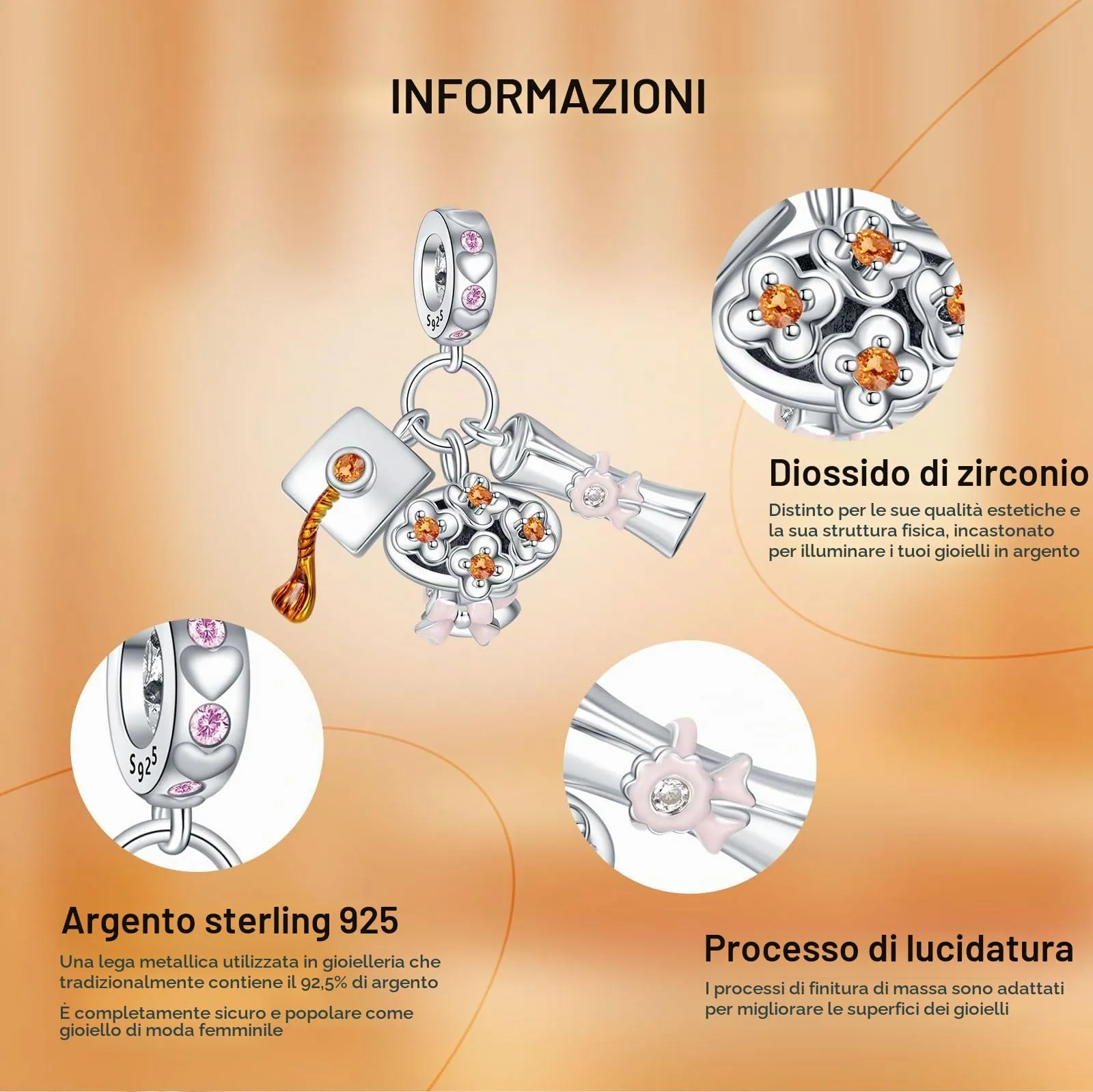 Rimgoris Charm in Argento Sterling 925 Cappello di Laurea con Fiore e Diploma per Bracciali e Collane da Donna - immagine 6