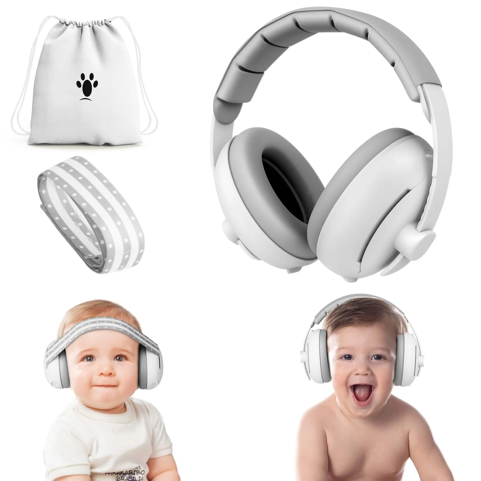 Aolso Cuffie Antirumore 2 in 1 per Neonati e Bambini 0-5 Anni, Archetto Regolabile, Grigio - immagine 1