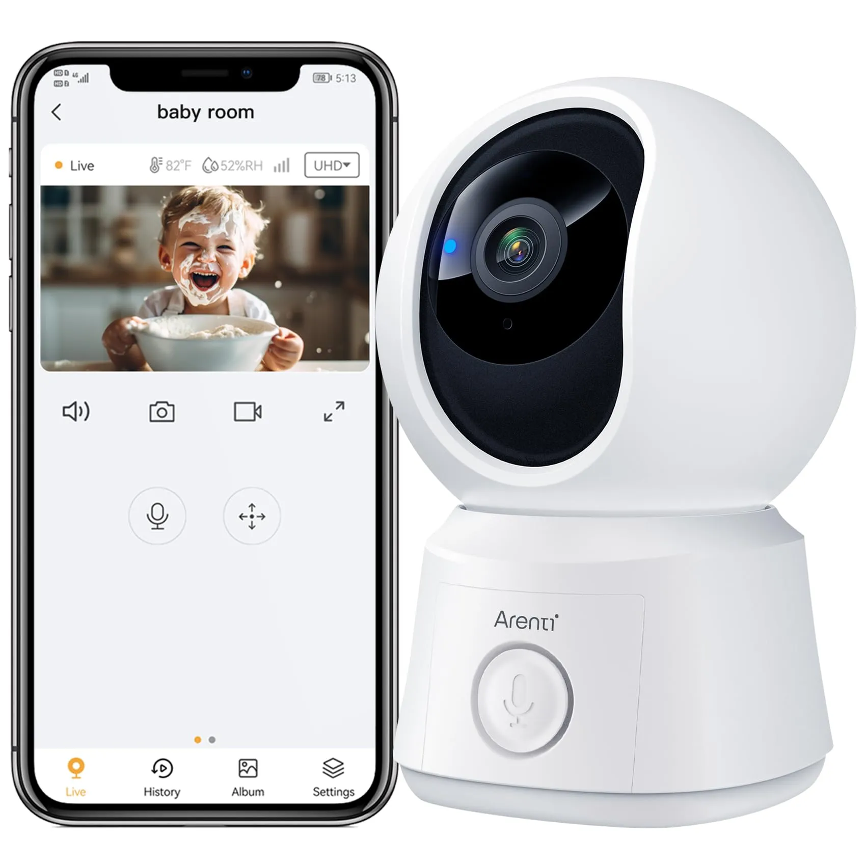 ARENTI Baby Monitor Video 1080P, Videocamera Sorveglianza Interno WiFi, 355°, Visione Notturna, Rilevamento Movimento e Rumore, Audio Bidirezionale, Sensore di Temperatura (Senza monitor) - immagine 1