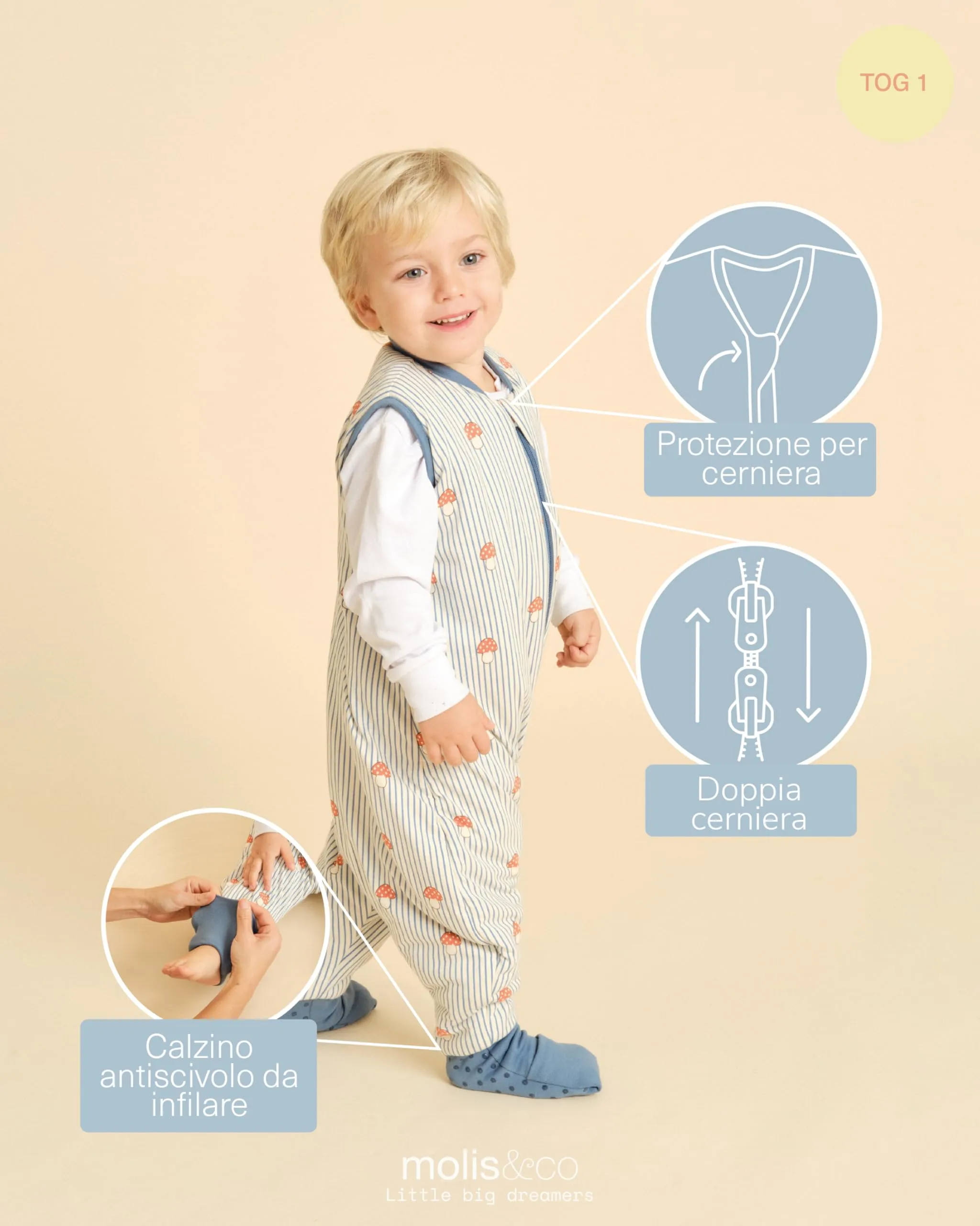 molis & co Sacco Nanna con piedini e calze, 1 tog, Cotone Oeko-TEX 100, Mushrooms, 2 anni - immagine 3