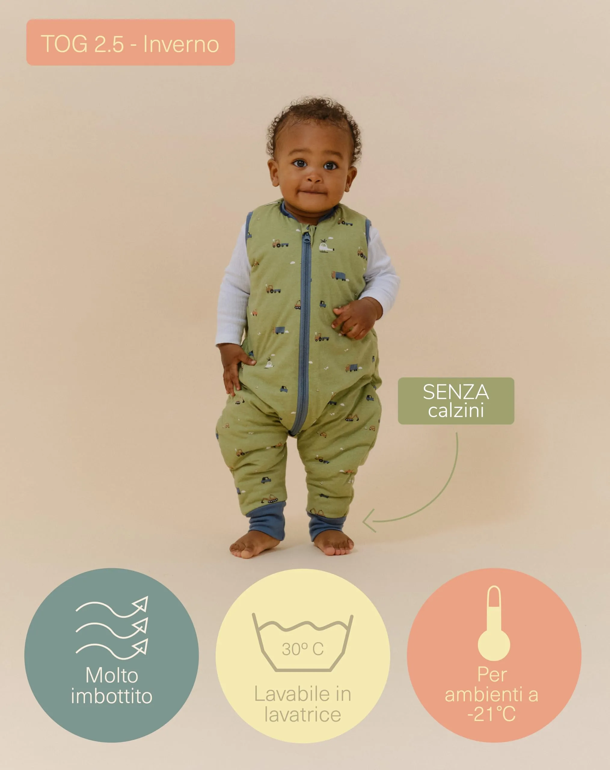 molis & co Sacco Nanna con Piedini Invernale 2.5 TOG, 100% Cotone Oeko-Tex 100, Little Drivers, 1 Anno - immagine 4