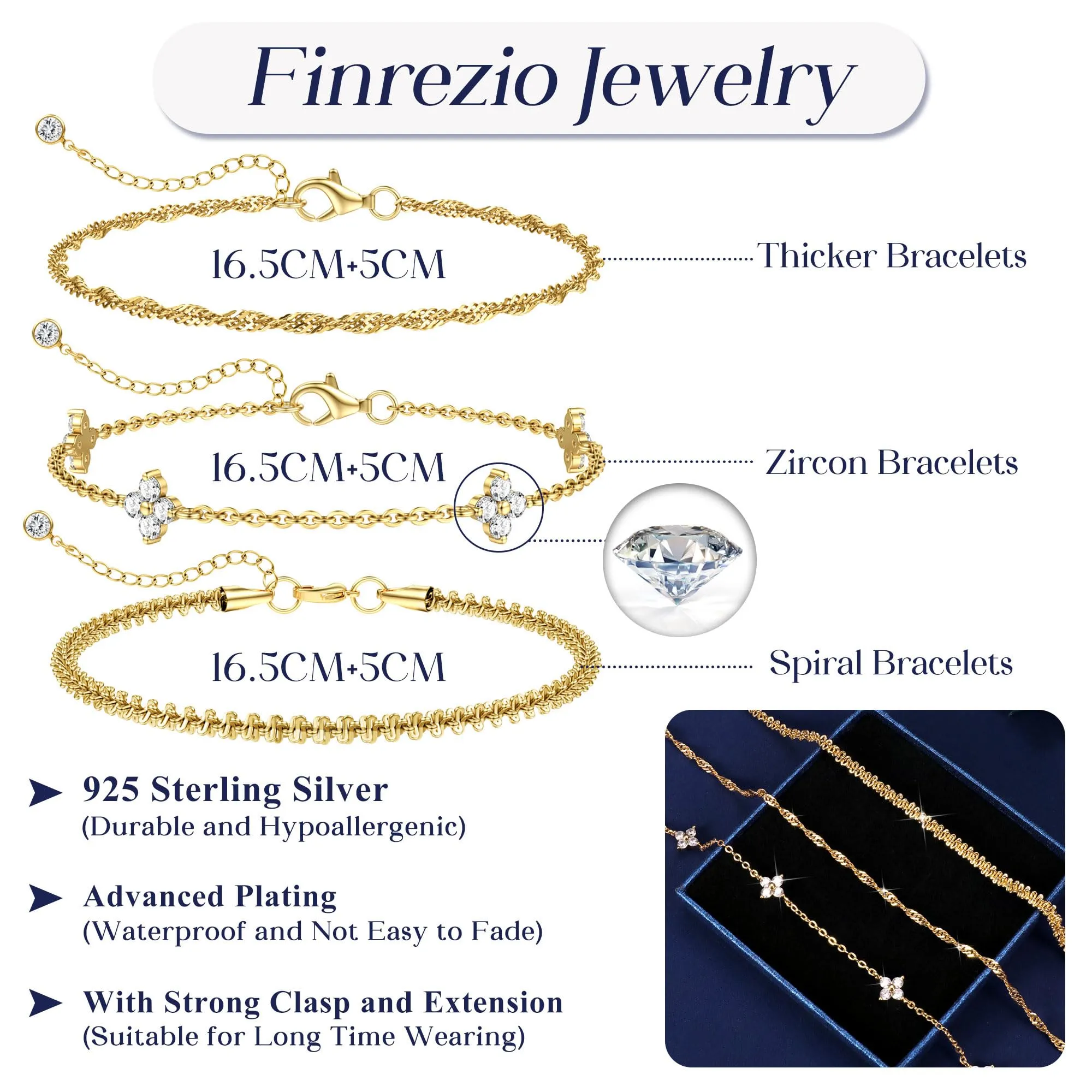 Finrezio Set di 3 Bracciali Donna in Argento 925 e Placcato Oro 16k, 16.5 cm - immagine 5
