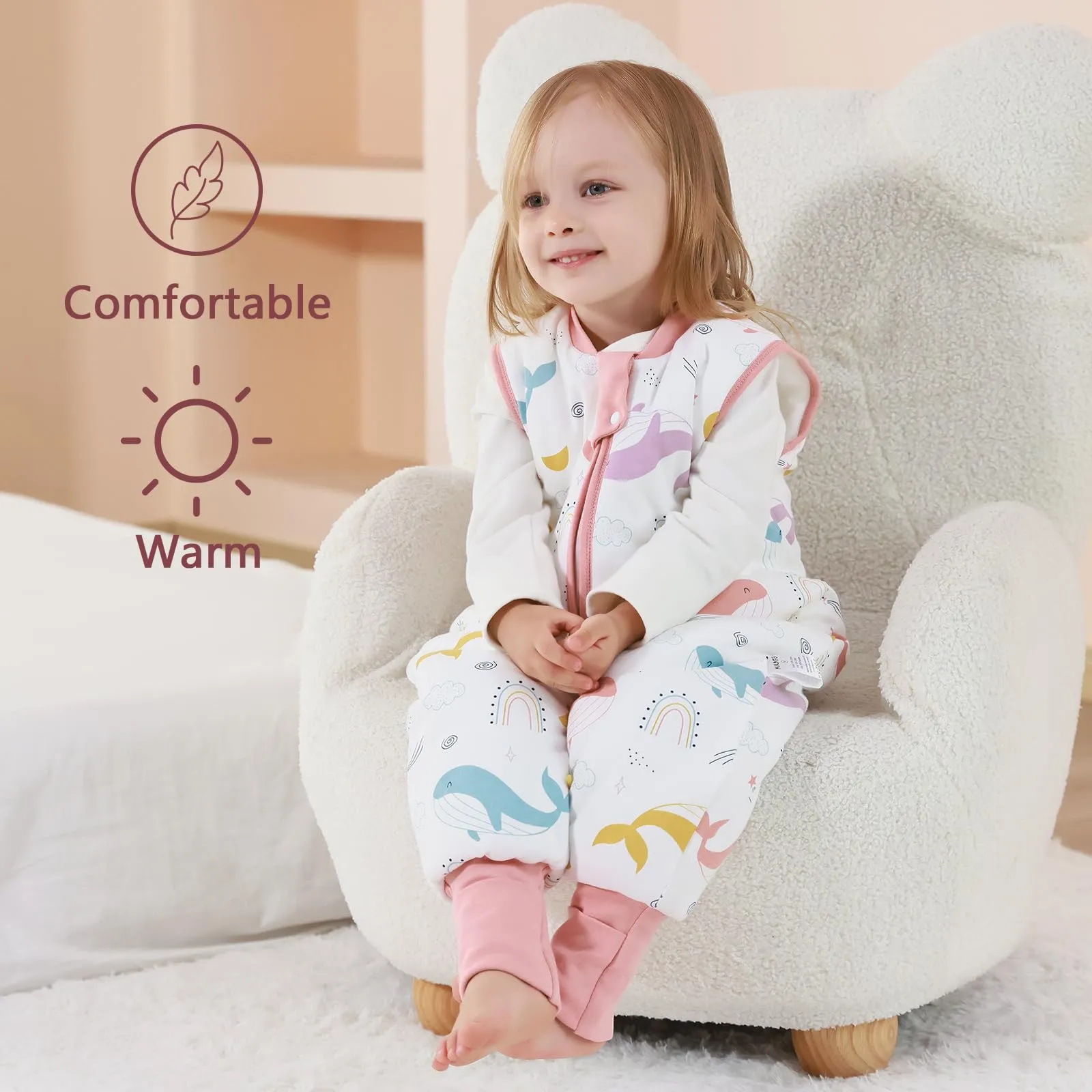 MIKAFEN Sacco Nanna con Gambe per Bambini, 2,5 Tog, 18-36 Mesi, Balena Arcobaleno - immagine 2