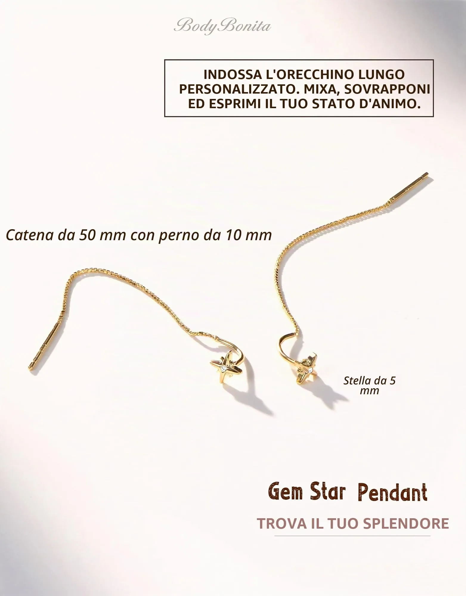 BodyBonita Orecchini Pendenti con Perni e Catena in Argento Sterling 925, Placcati in Oro 16K, Design Stella - immagine 2