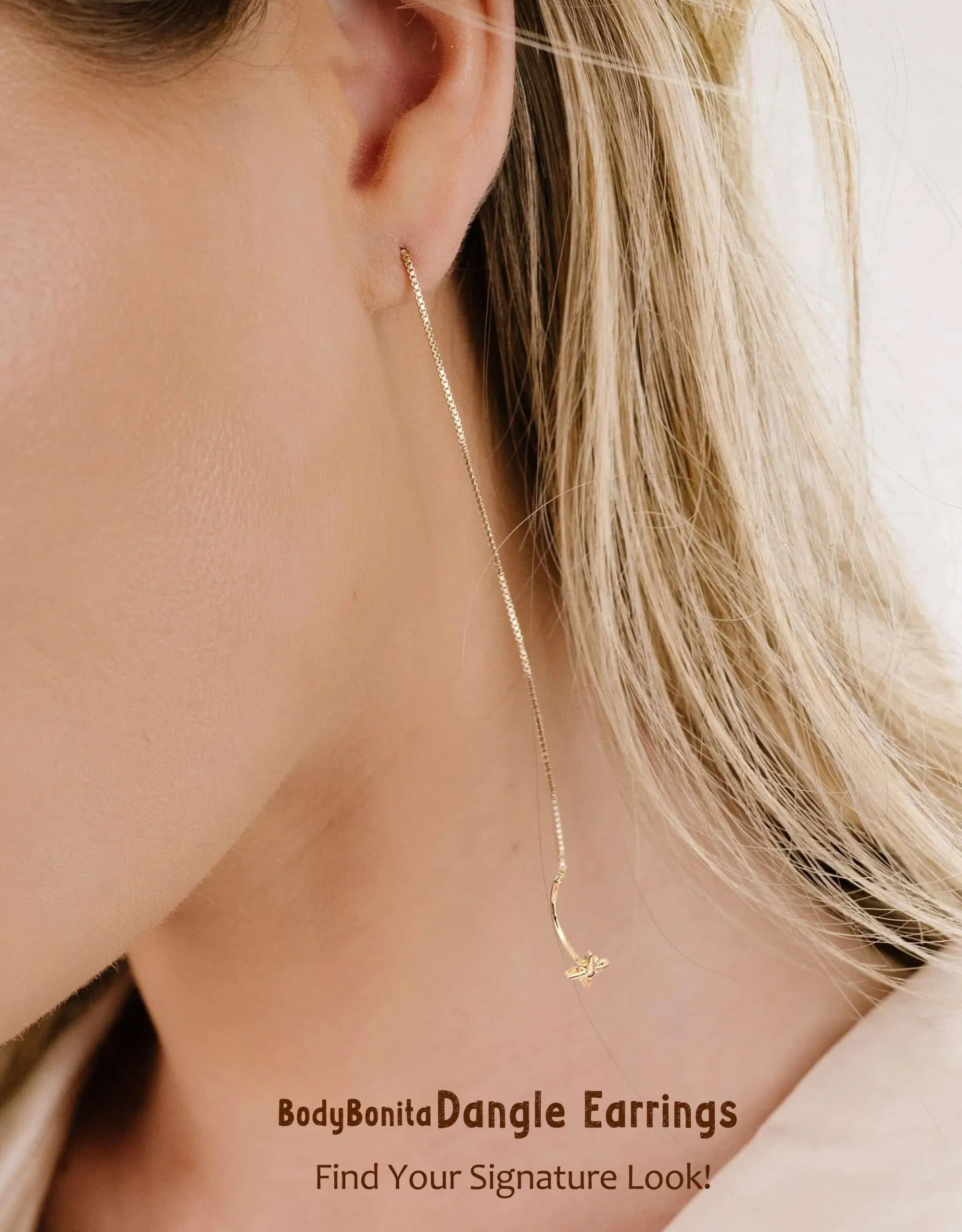 BodyBonita Orecchini Pendenti con Perni e Catena in Argento Sterling 925, Placcati in Oro 16K, Design Stella - immagine 3