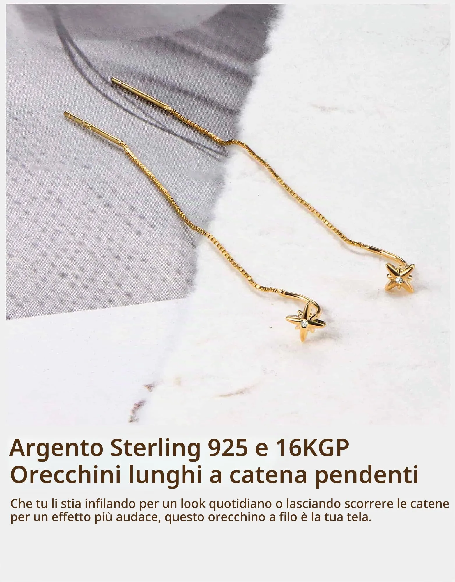 BodyBonita Orecchini Pendenti con Perni e Catena in Argento Sterling 925, Placcati in Oro 16K, Design Stella - immagine 4