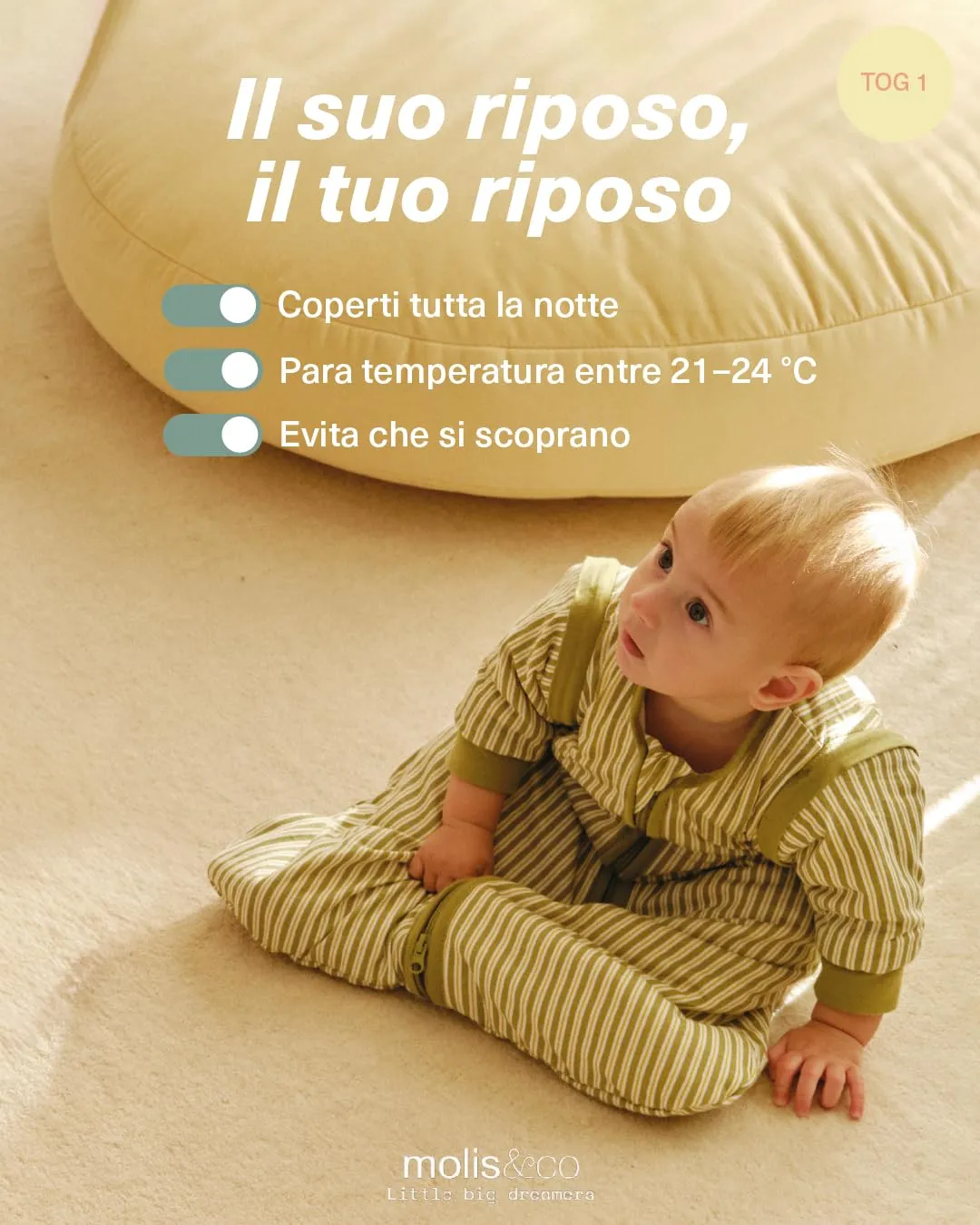molis & co Sacco Nanna con piedini, maniche staccabili e calzini, TOG 1, 100% Cotone, Olive Green Stripes, 2 anni - immagine 5