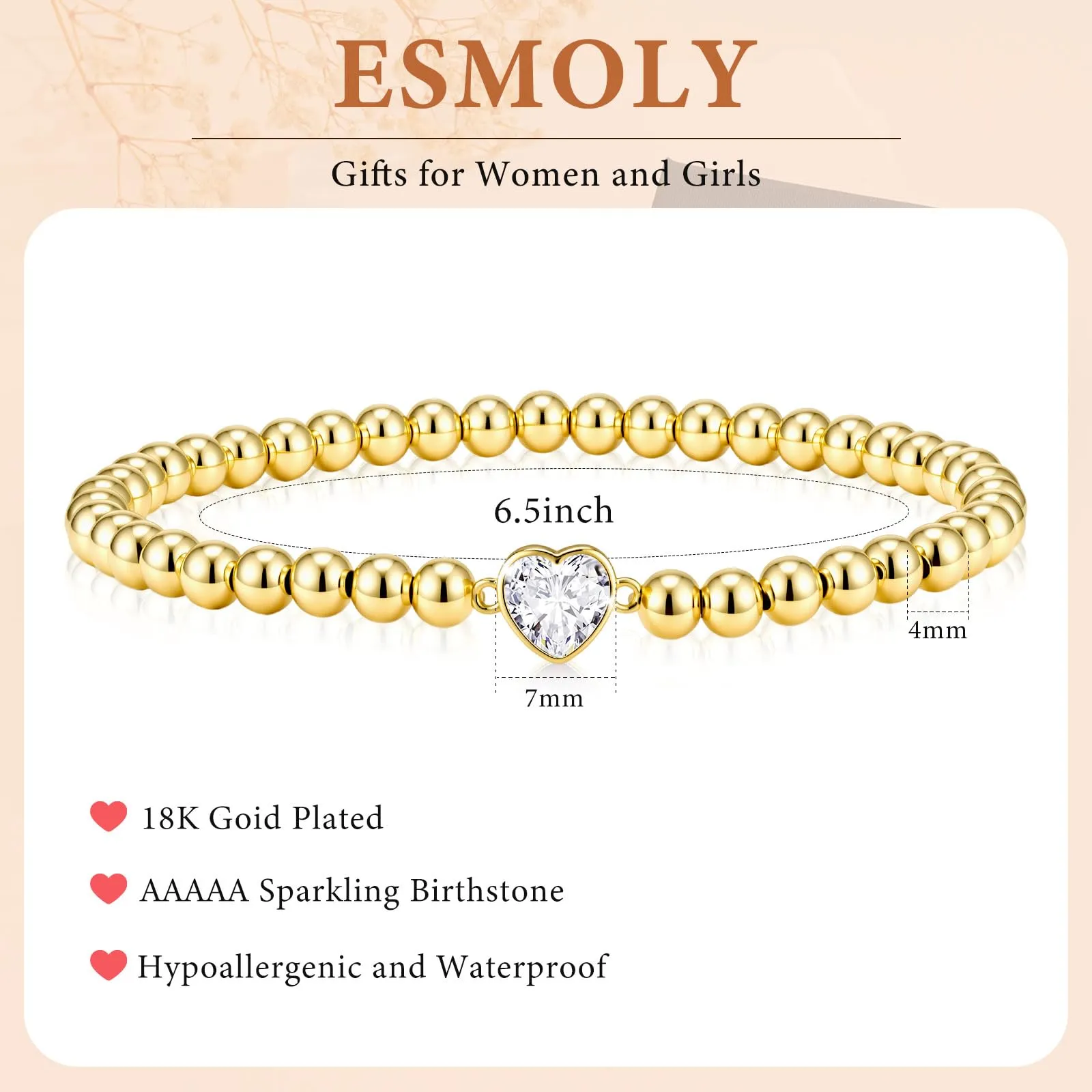 Esmoly Bracciale Donna in Perle con Cuore e Zirconia, Oro Argento - immagine 4