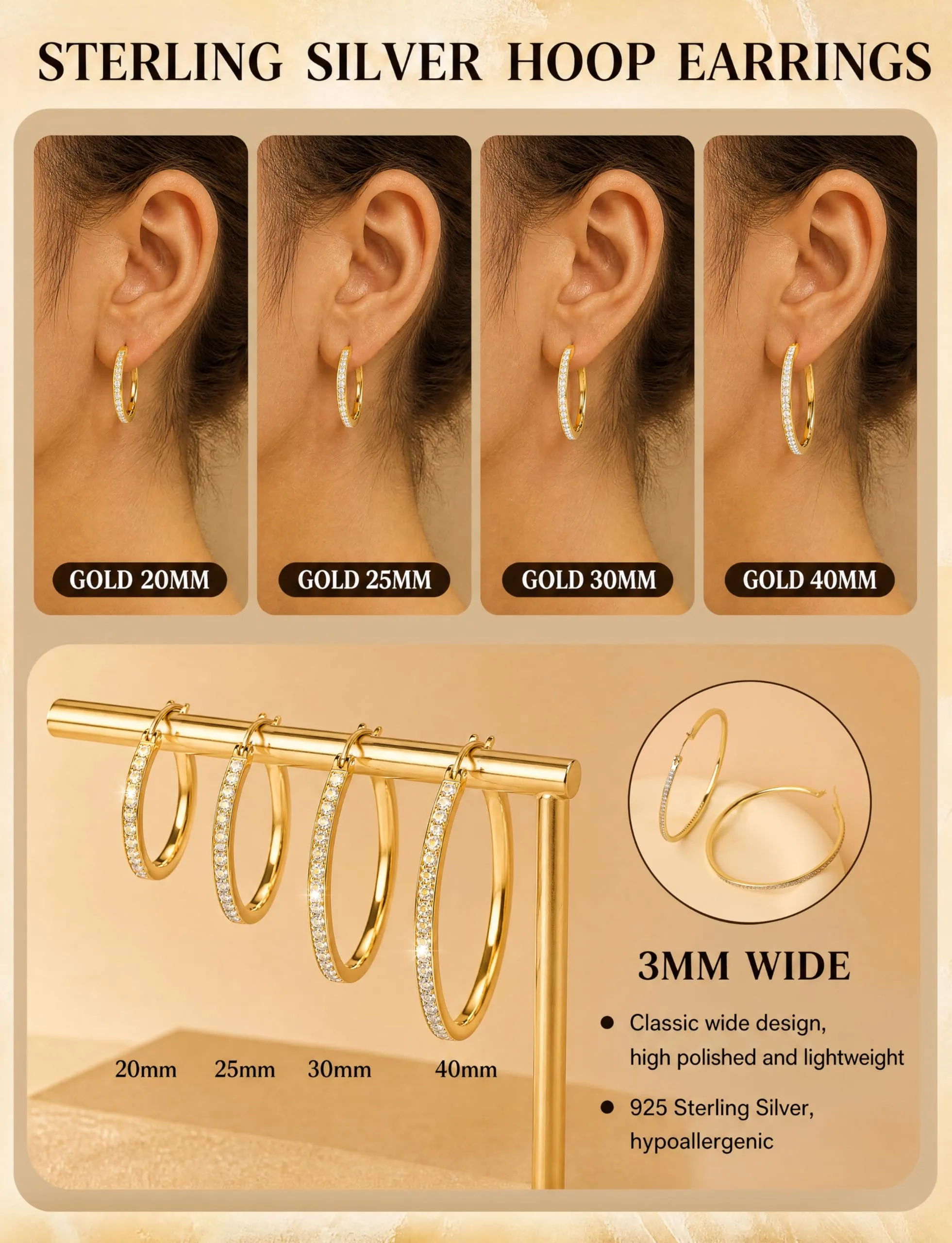 FANCH Orecchini a Cerchio in Argento 925 Placcato Oro Bianco 18K con Zirconia Cubica, 20mm - immagine 3