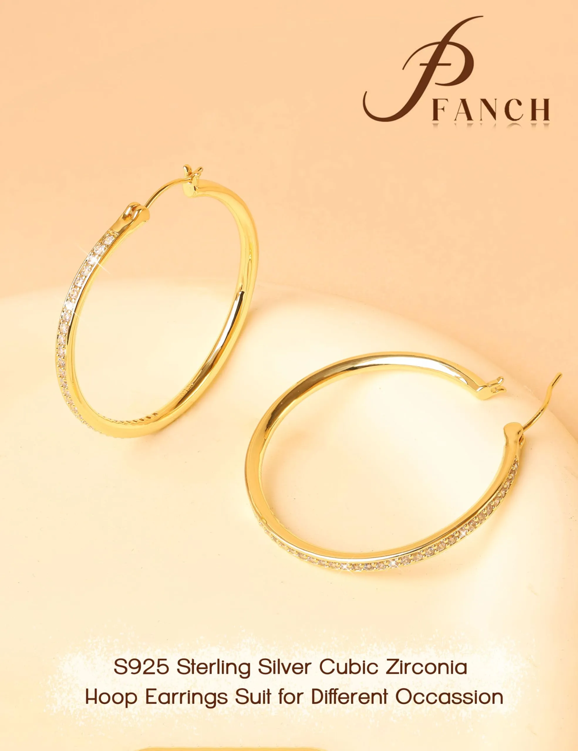 FANCH Orecchini a Cerchio in Argento 925 Placcato Oro Bianco 18K con Zirconia Cubica, 20mm - immagine 6