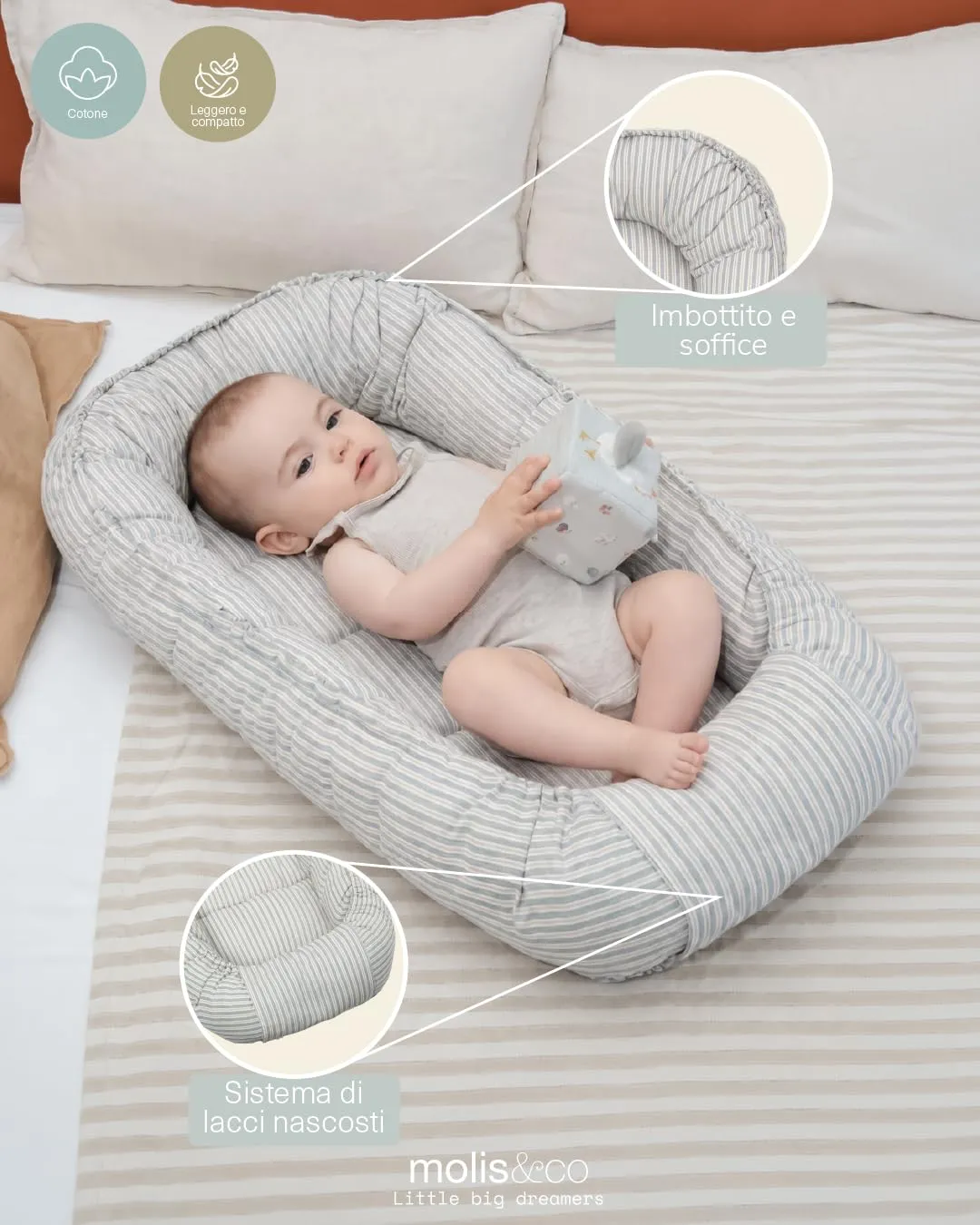 molis&co Nido per bebè 90 x 50 cm, Riduttore per culla e Co-sleeping Nest in Cotone OEKO-TEX 100, Blue Stripes - immagine 3