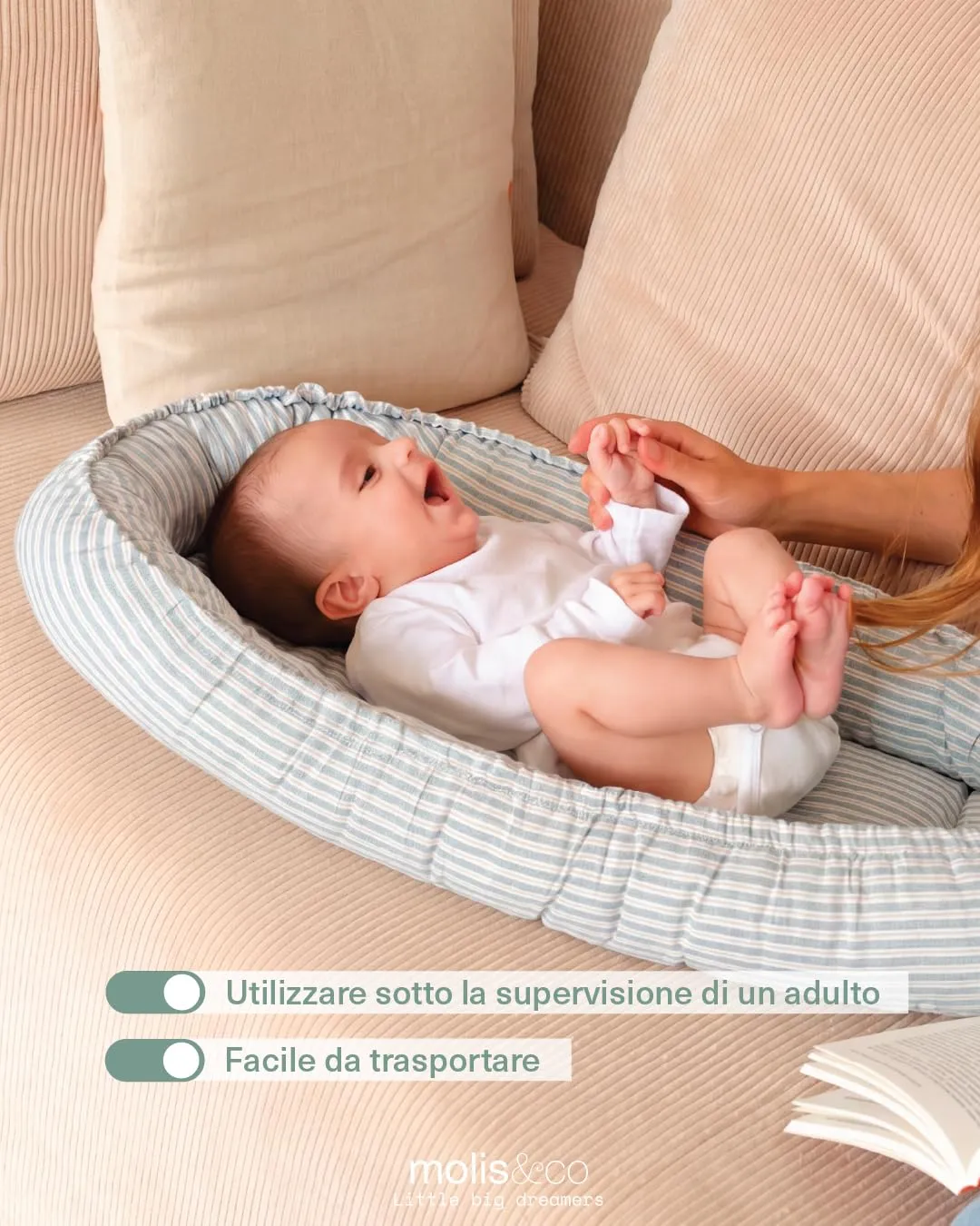 molis&co Nido per bebè 90 x 50 cm, Riduttore per culla e Co-sleeping Nest in Cotone OEKO-TEX 100, Blue Stripes - immagine 4