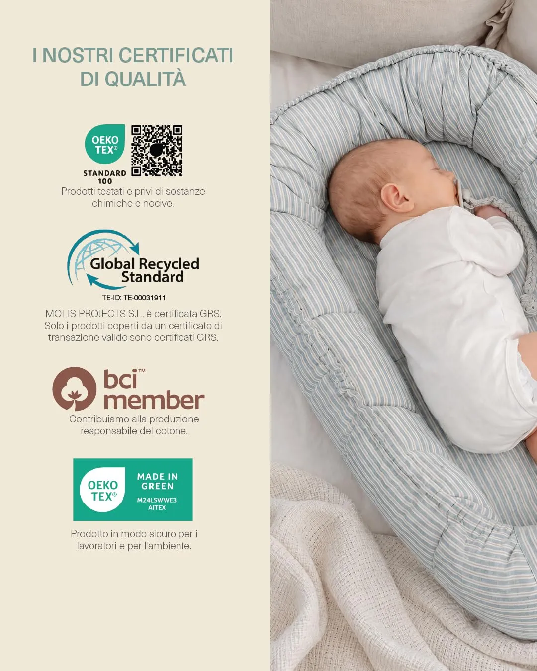 molis&co Nido per bebè 90 x 50 cm, Riduttore per culla e Co-sleeping Nest in Cotone OEKO-TEX 100, Blue Stripes - immagine 6