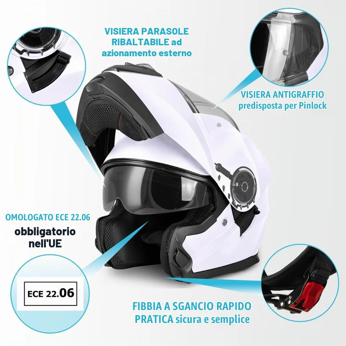 Vinz Santos Casco Modulare Moto & Scooter, Doppia Visiera, ECE 22.06, Pinlock preparato, Bianco, XL - immagine 2