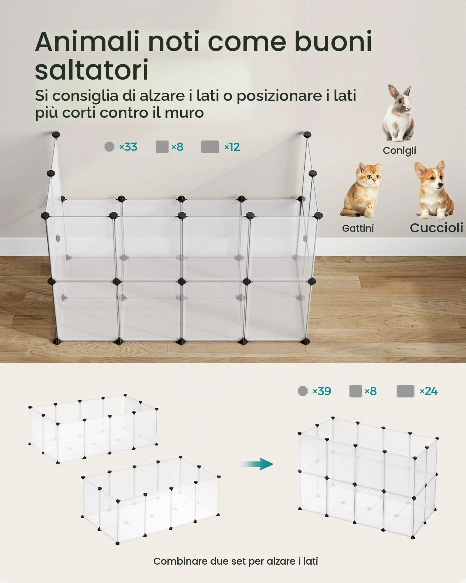 SONGMICS ULPC001W01 Recinzione in Plastica per Piccoli Animali con Pavimento, 125 x 62 x 41 cm, Bianco - immagine 4
