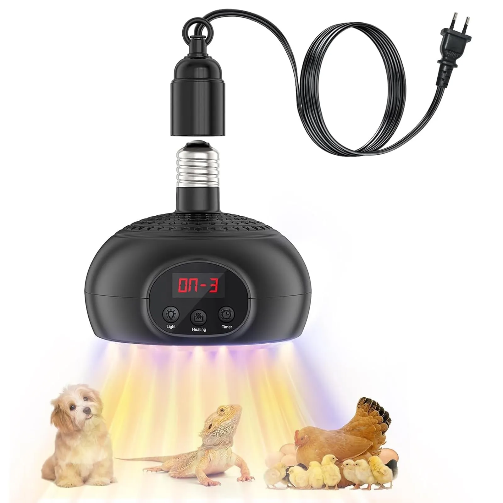 testyu Lampade Riscaldanti per Pollaio e Rettili 200W-350W-500W con Luce UVA/UVB e Timer 3-6-9-12H - immagine 1