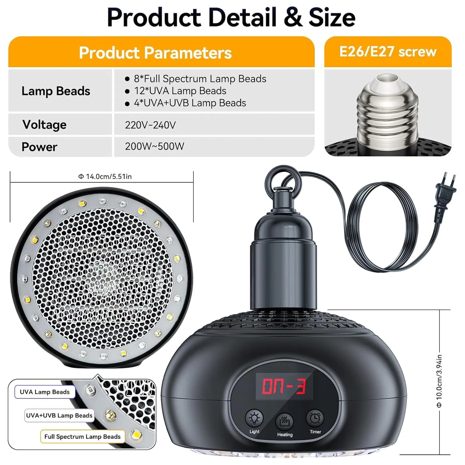 testyu Lampade Riscaldanti per Pollaio e Rettili 200W-350W-500W con Luce UVA/UVB e Timer 3-6-9-12H - immagine 2