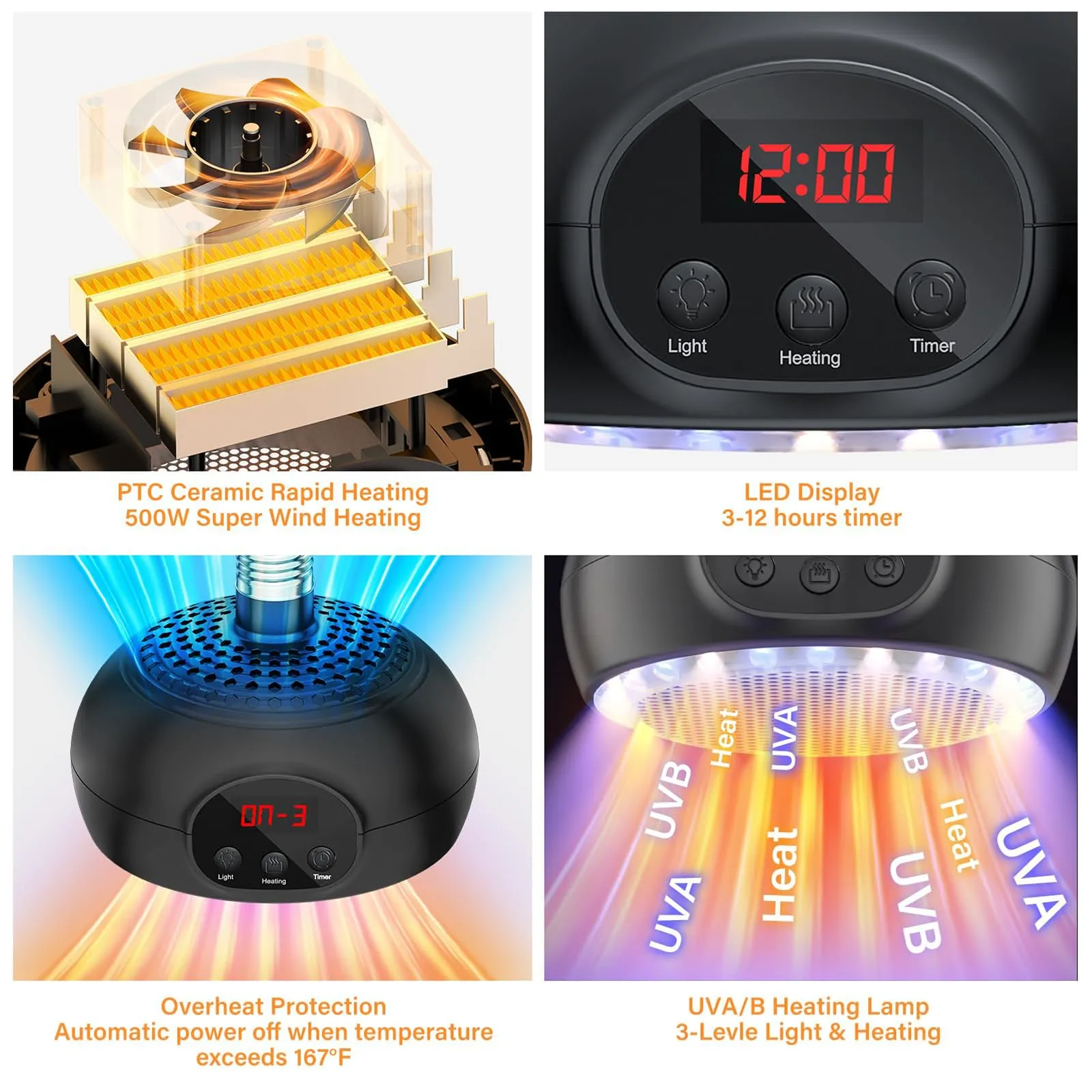 testyu Lampade Riscaldanti per Pollaio e Rettili 200W-350W-500W con Luce UVA/UVB e Timer 3-6-9-12H - immagine 3
