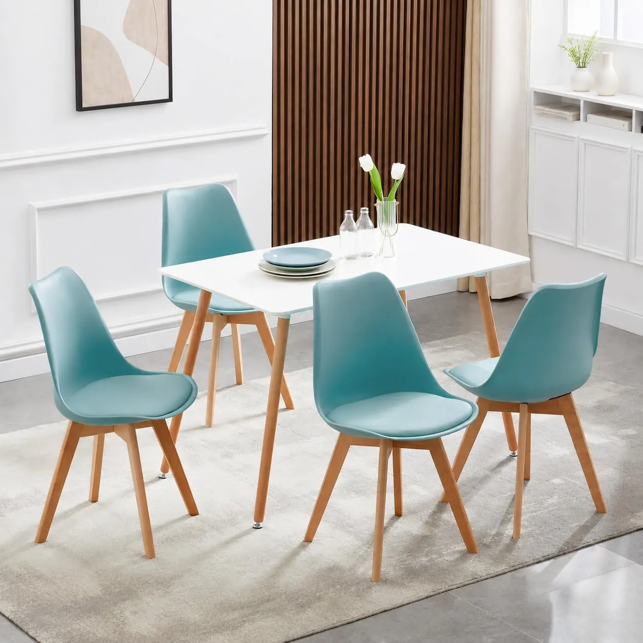 EGGREE Set di 8 Sedie da Pranzo e Cucina in Pelle PU con Gambe in Legno, Blu Menta - immagine 5
