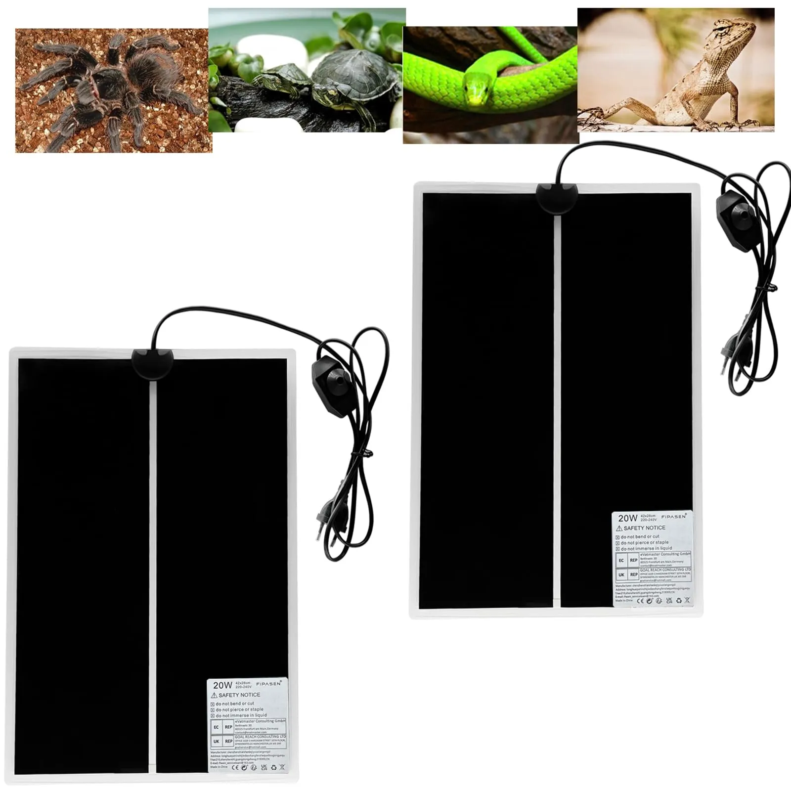 FIPASEN Tappetini Riscaldanti per Rettili, 2 Pezzi, Non Adesivo, 20W, 42x28cm - immagine 1