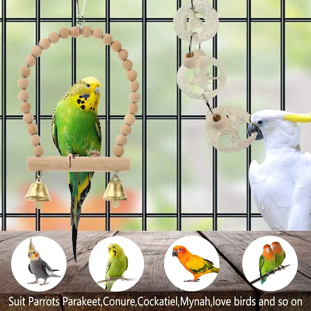 BBjinronjy Giocattoli per Pappagalli e Uccelli, 18 Pezzi Accessori per Gabbia con Scala, Altalena e Giocattoli da Masticare - immagine 3