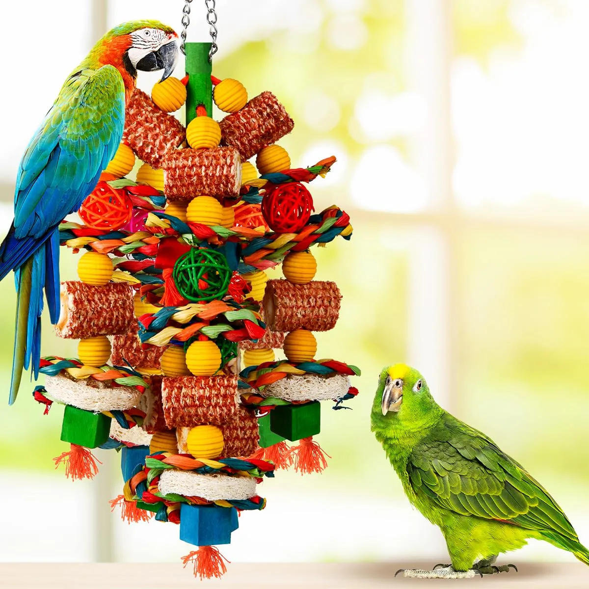 YIXUND Giocattoli per uccelli grandi, pannocchia di mais naturale e luffa, per pappagalli grigi africani, ara, cacatua e amazzonici - immagine 2