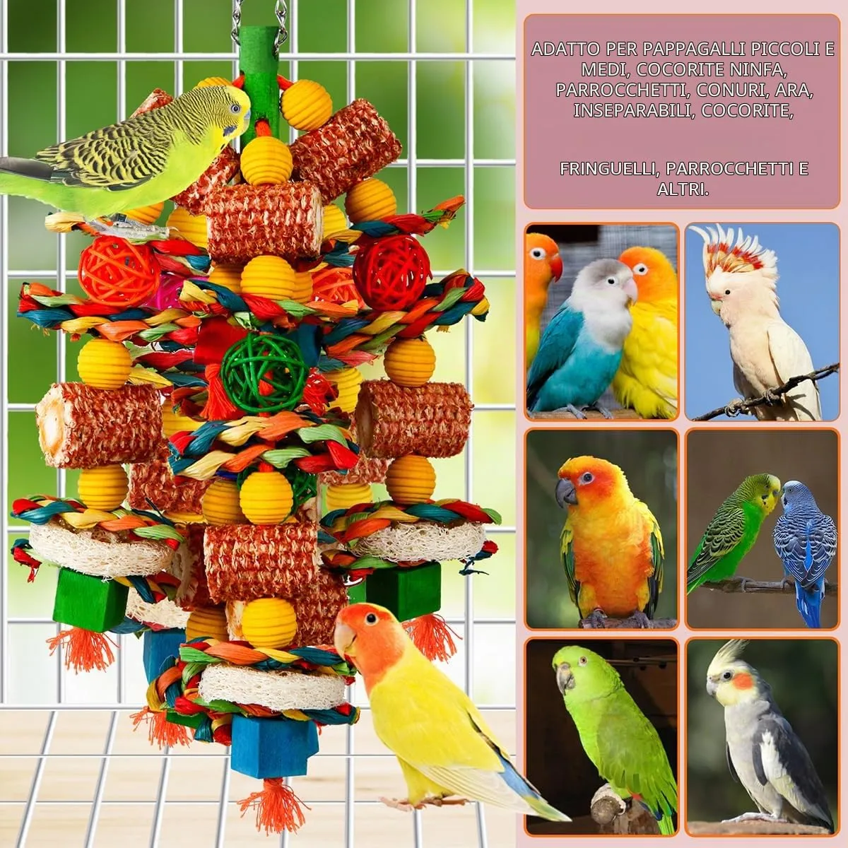 YIXUND Giocattoli per uccelli grandi, pannocchia di mais naturale e luffa, per pappagalli grigi africani, ara, cacatua e amazzonici - immagine 4