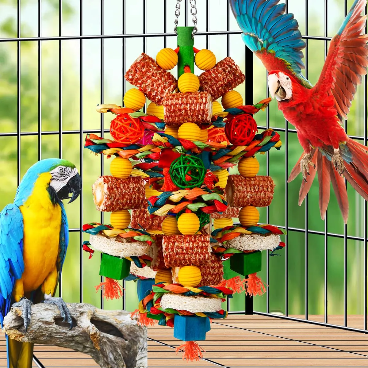 YIXUND Giocattoli per uccelli grandi, pannocchia di mais naturale e luffa, per pappagalli grigi africani, ara, cacatua e amazzonici - immagine 6