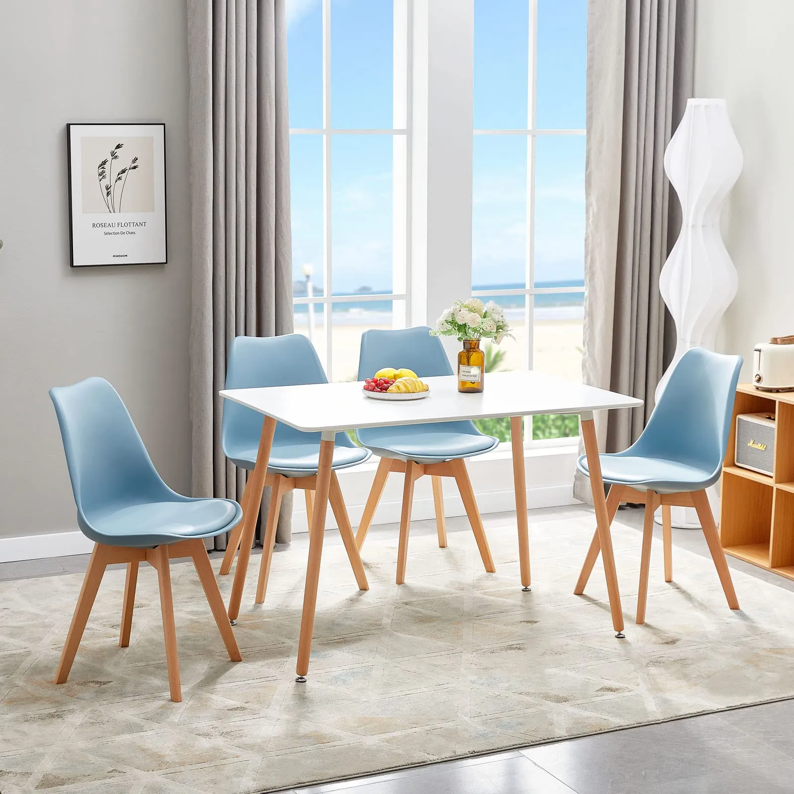 EGGREE Set di 8 Sedie da Pranzo e Cucina in Pelle PU e Legno di Faggio, Morandi Azzurro - immagine 2