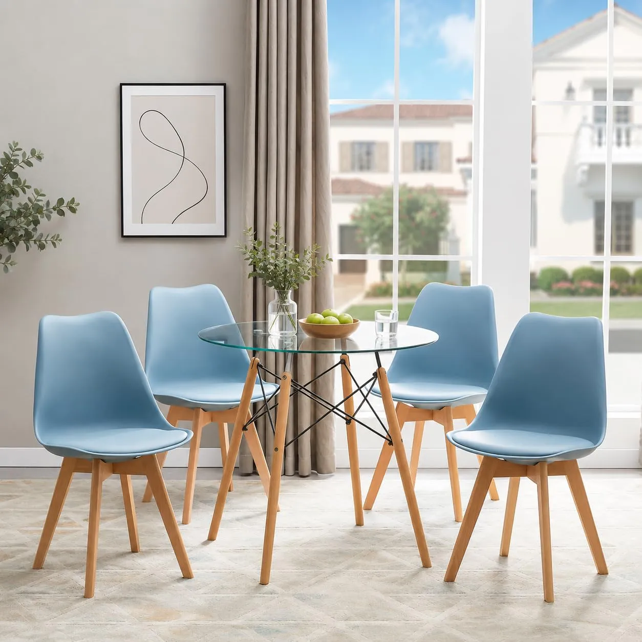 EGGREE Set di 8 Sedie da Pranzo e Cucina in Pelle PU e Legno di Faggio, Morandi Azzurro - immagine 4