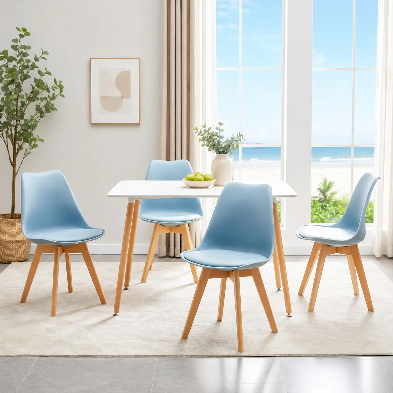EGGREE Set di 8 Sedie da Pranzo e Cucina in Pelle PU e Legno di Faggio, Morandi Azzurro - immagine 5