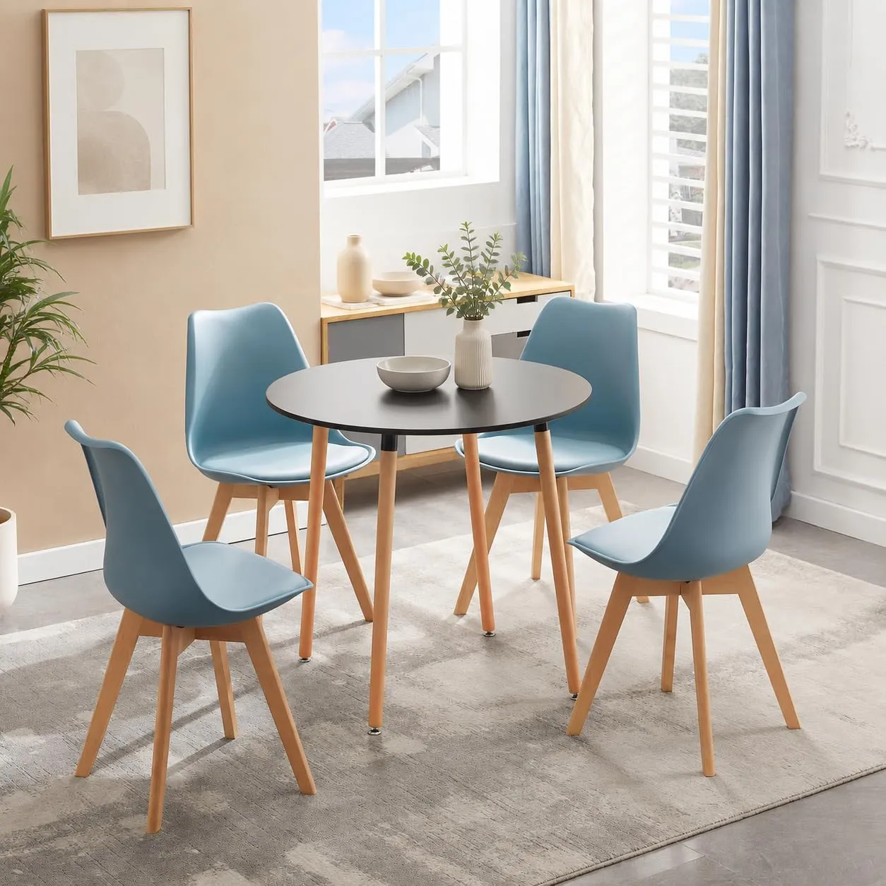 EGGREE Set di 8 Sedie da Pranzo e Cucina in Pelle PU e Legno di Faggio, Morandi Azzurro - immagine 6