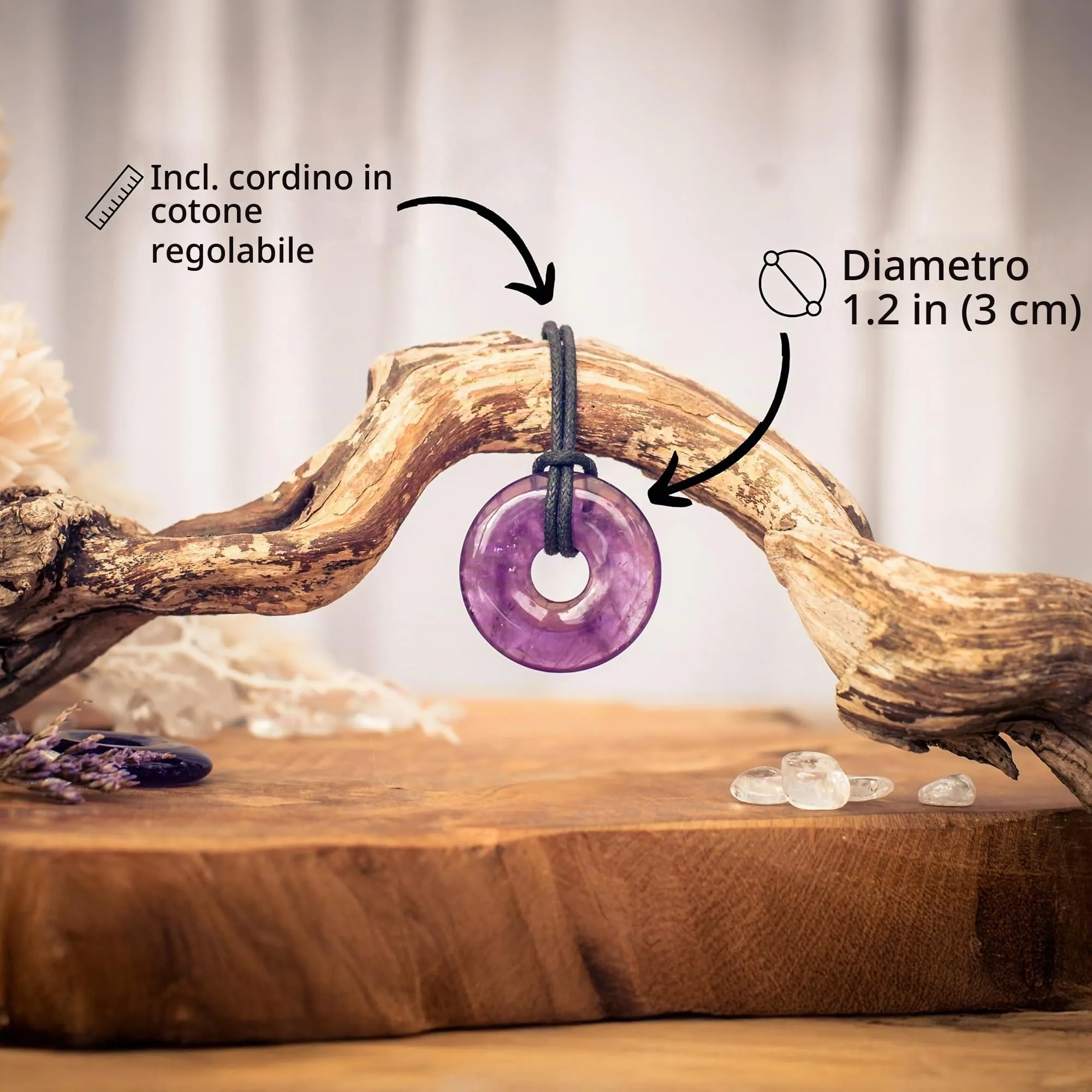 Lebensquelle Plus Donut in Pietra Preziosa Ametista 30 mm con Cordoncino in Cotone e Scheda Pietra - immagine 5
