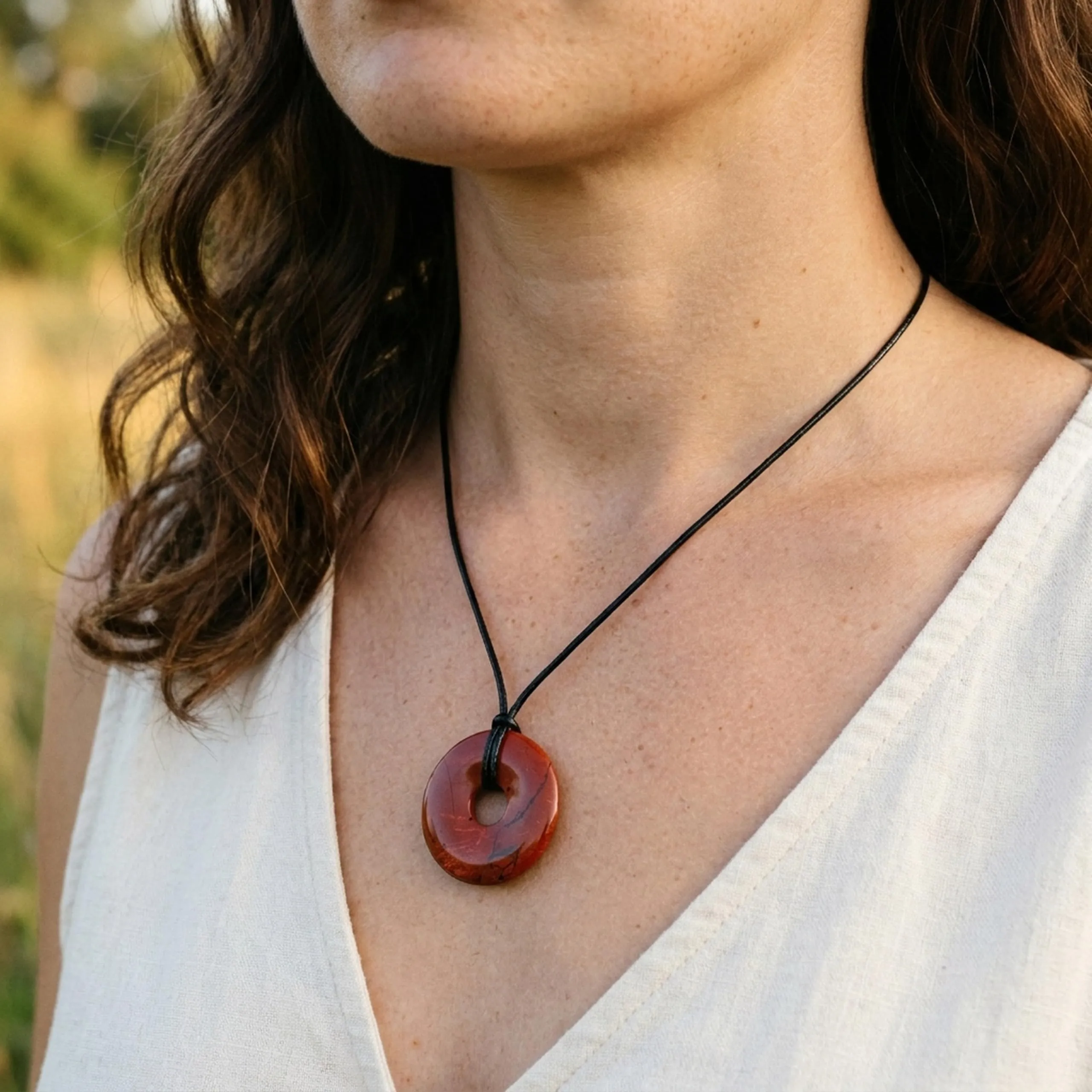 Lebensquelle Plus Donut in pietra preziosa Diaspro rosso 30 mm con cordoncino in cotone e scheda pietra - immagine 2