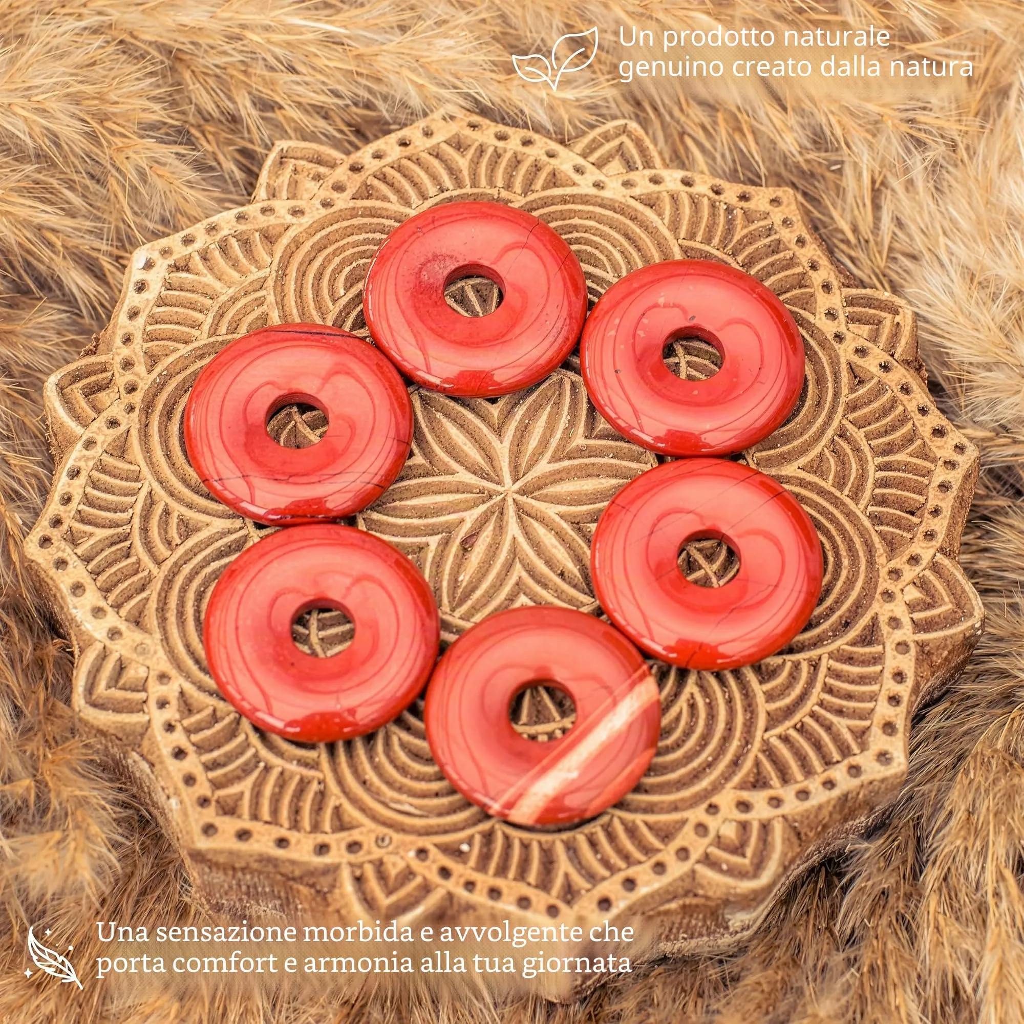 Lebensquelle Plus Donut in pietra preziosa Diaspro rosso 30 mm con cordoncino in cotone e scheda pietra - immagine 3