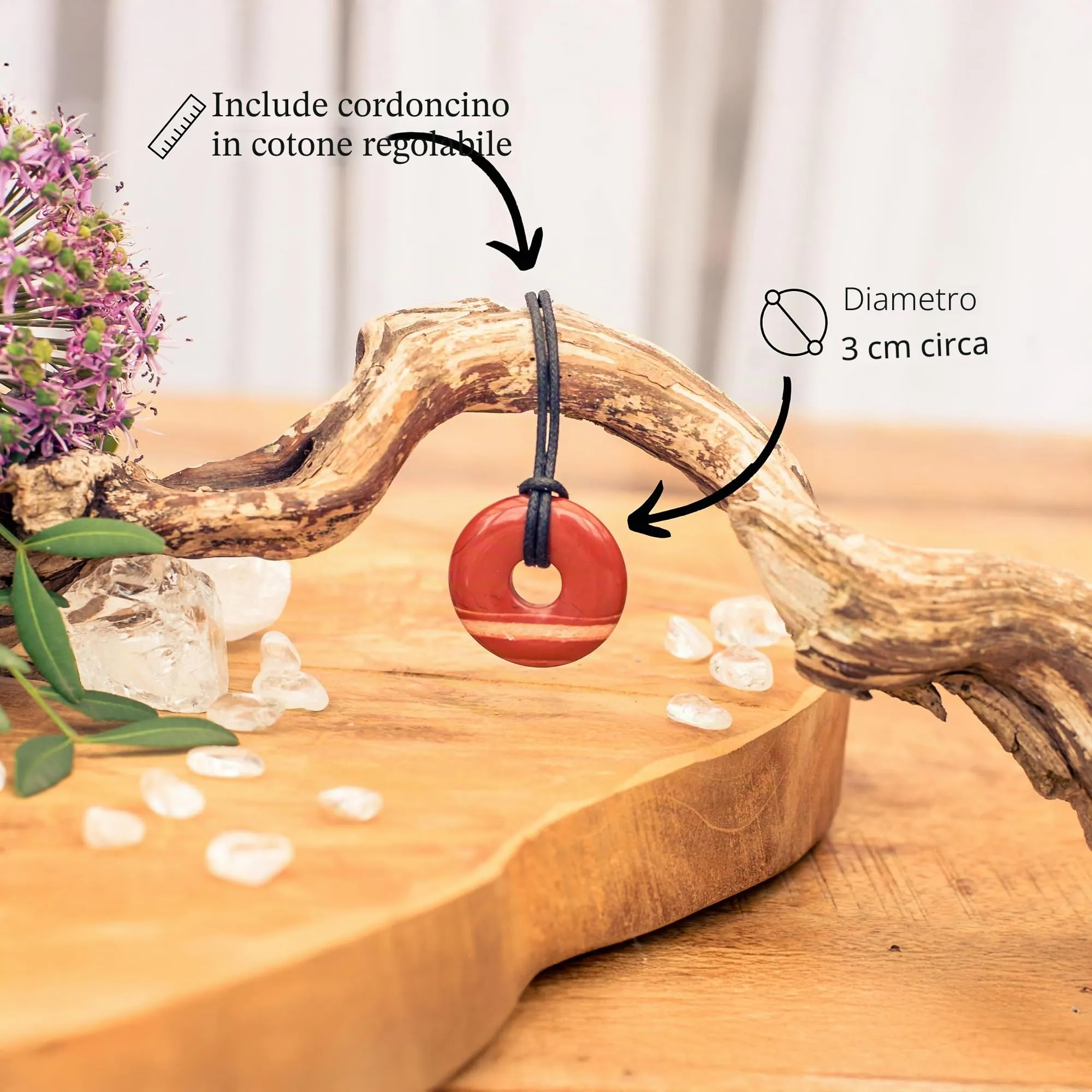 Lebensquelle Plus Donut in pietra preziosa Diaspro rosso 30 mm con cordoncino in cotone e scheda pietra - immagine 4