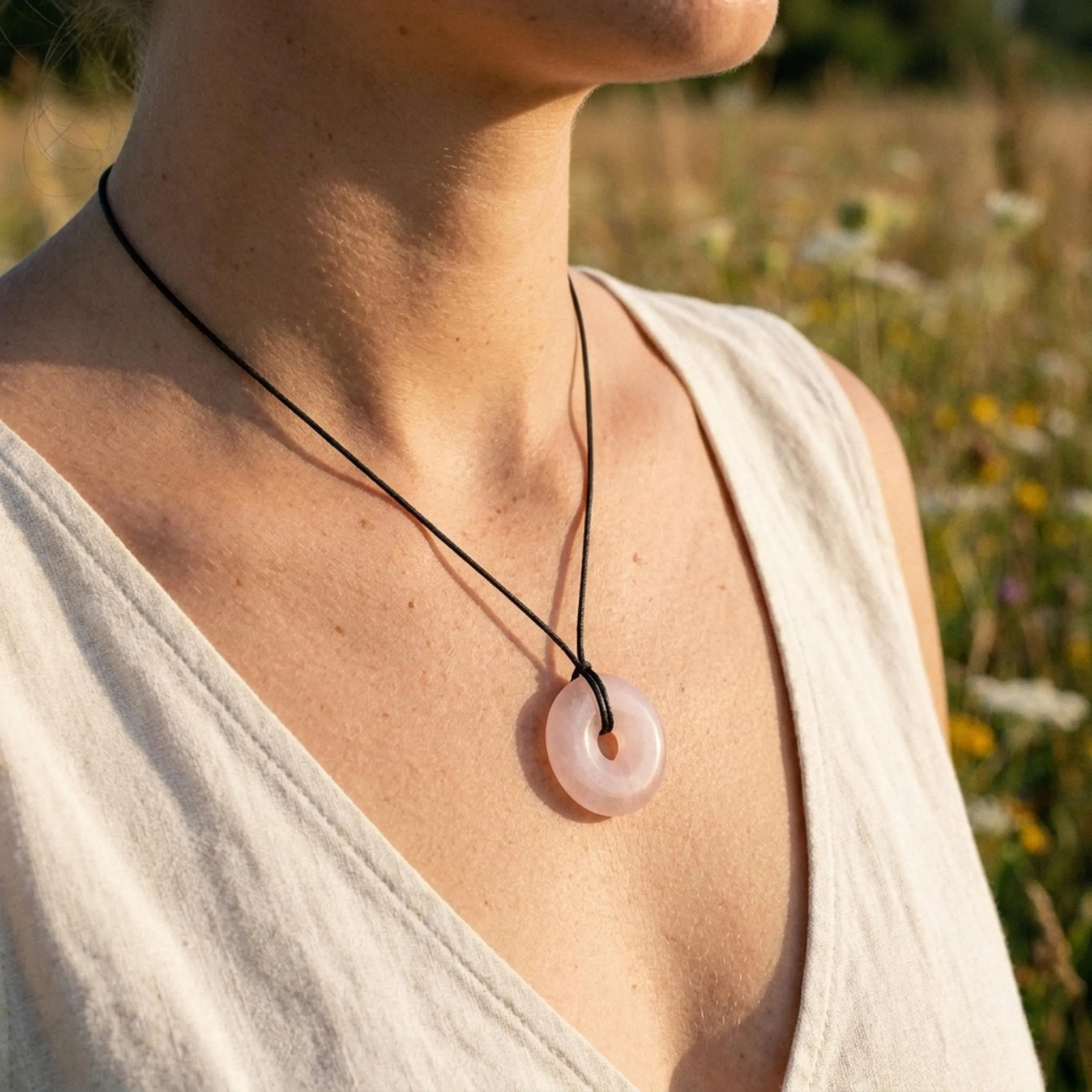 Lebensquelle Plus Donut in Quarzo Rosa 30 mm con Cordoncino in Cotone e Scheda Pietra - immagine 2