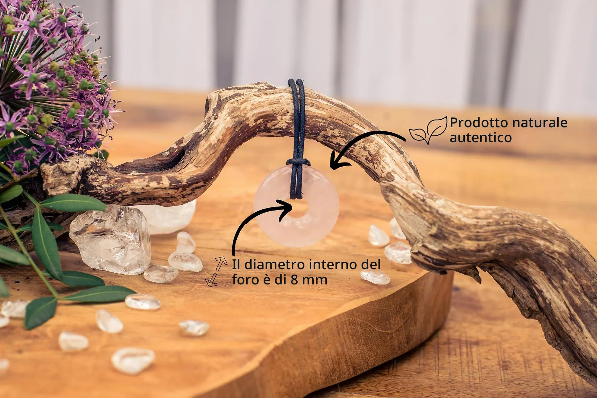 Lebensquelle Plus Donut in Quarzo Rosa 30 mm con Cordoncino in Cotone e Scheda Pietra - immagine 3