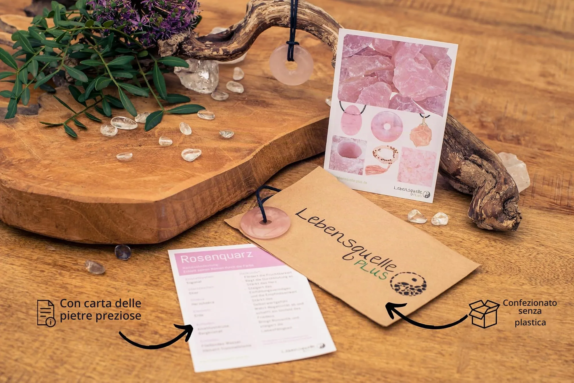 Lebensquelle Plus Donut in Quarzo Rosa 30 mm con Cordoncino in Cotone e Scheda Pietra - immagine 5
