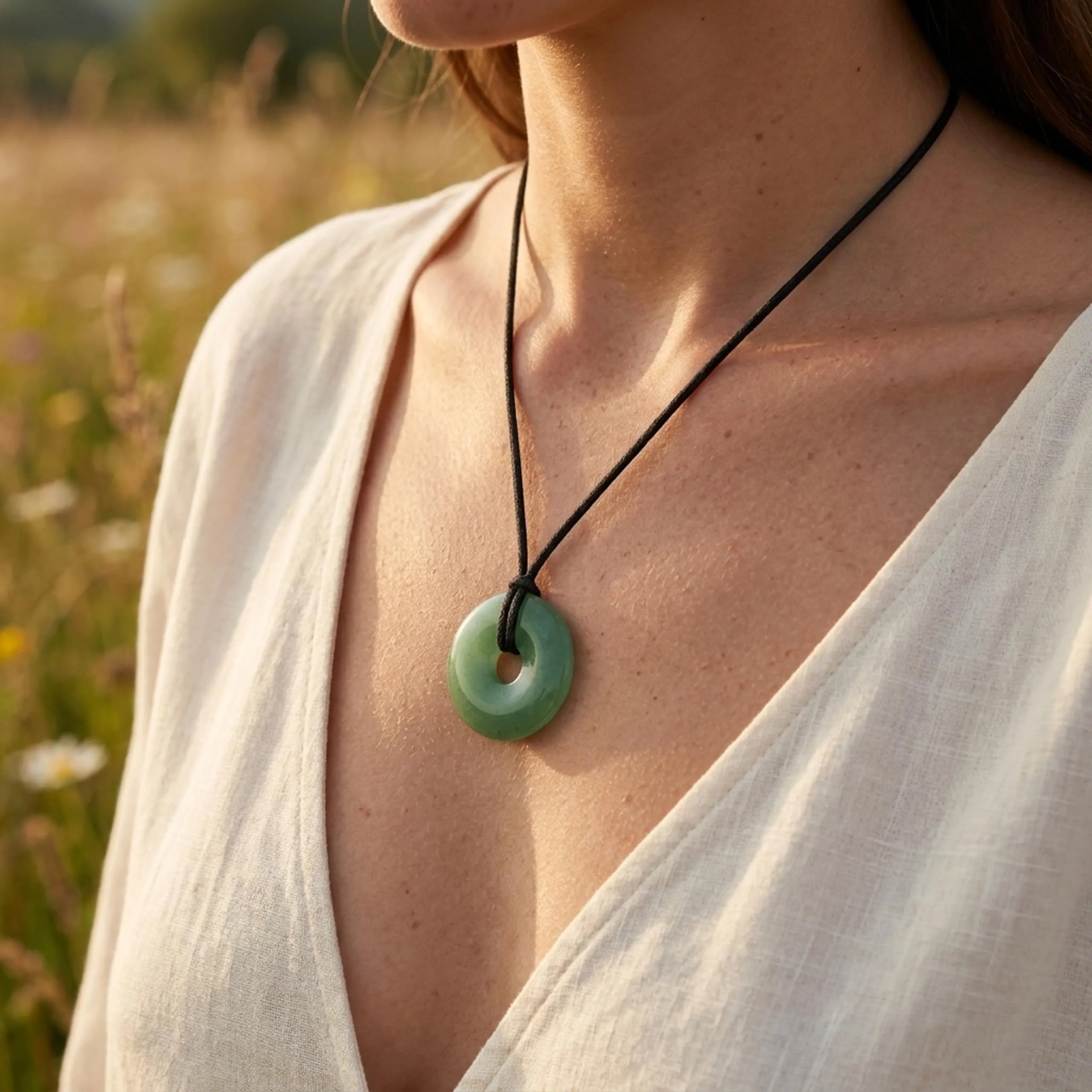 Lebensquelle Plus Donut in Pietra Preziosa Avventurina Verde 30 mm con Cordoncino in Cotone e Scheda Pietra - immagine 2