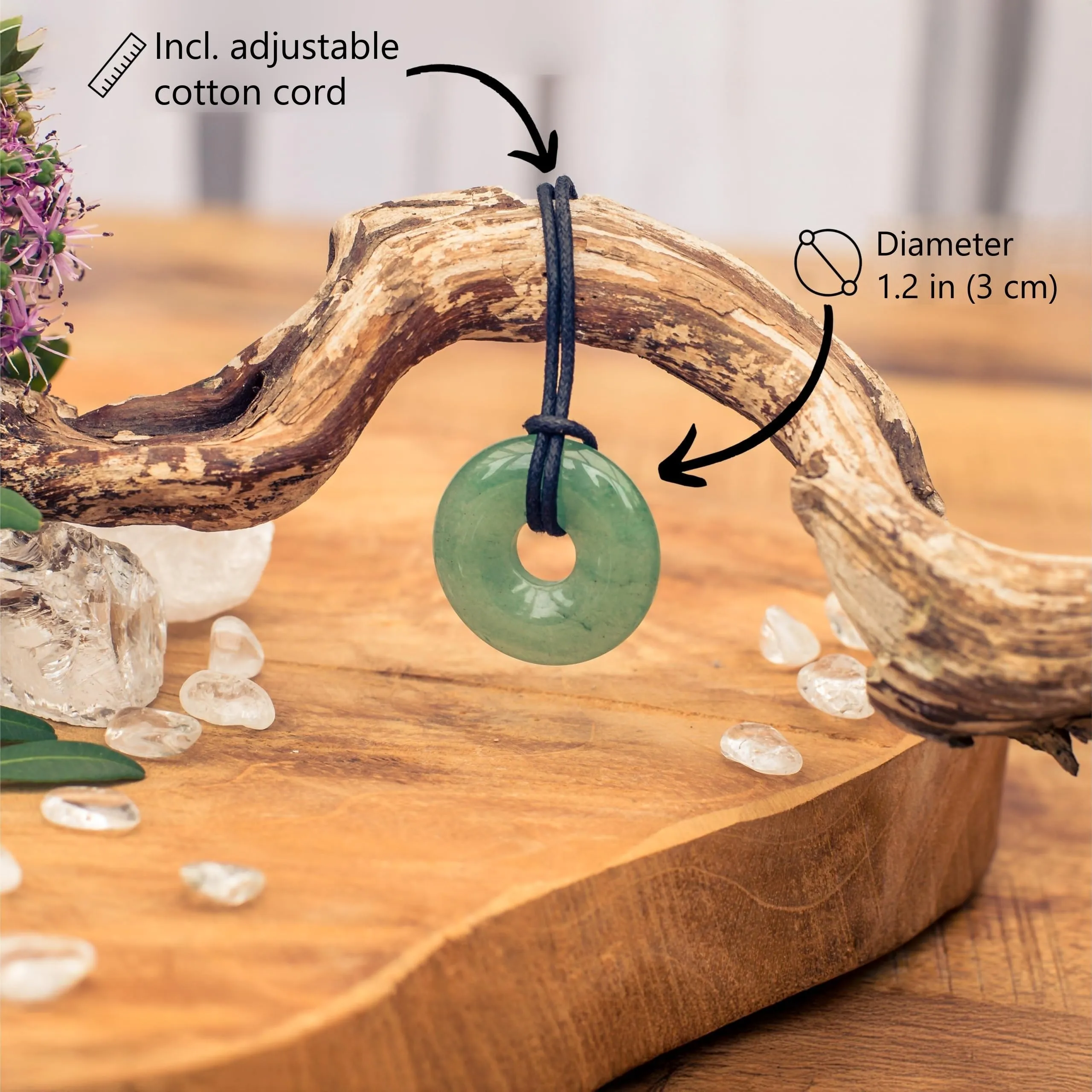 Lebensquelle Plus Donut in Pietra Preziosa Avventurina Verde 30 mm con Cordoncino in Cotone e Scheda Pietra - immagine 5