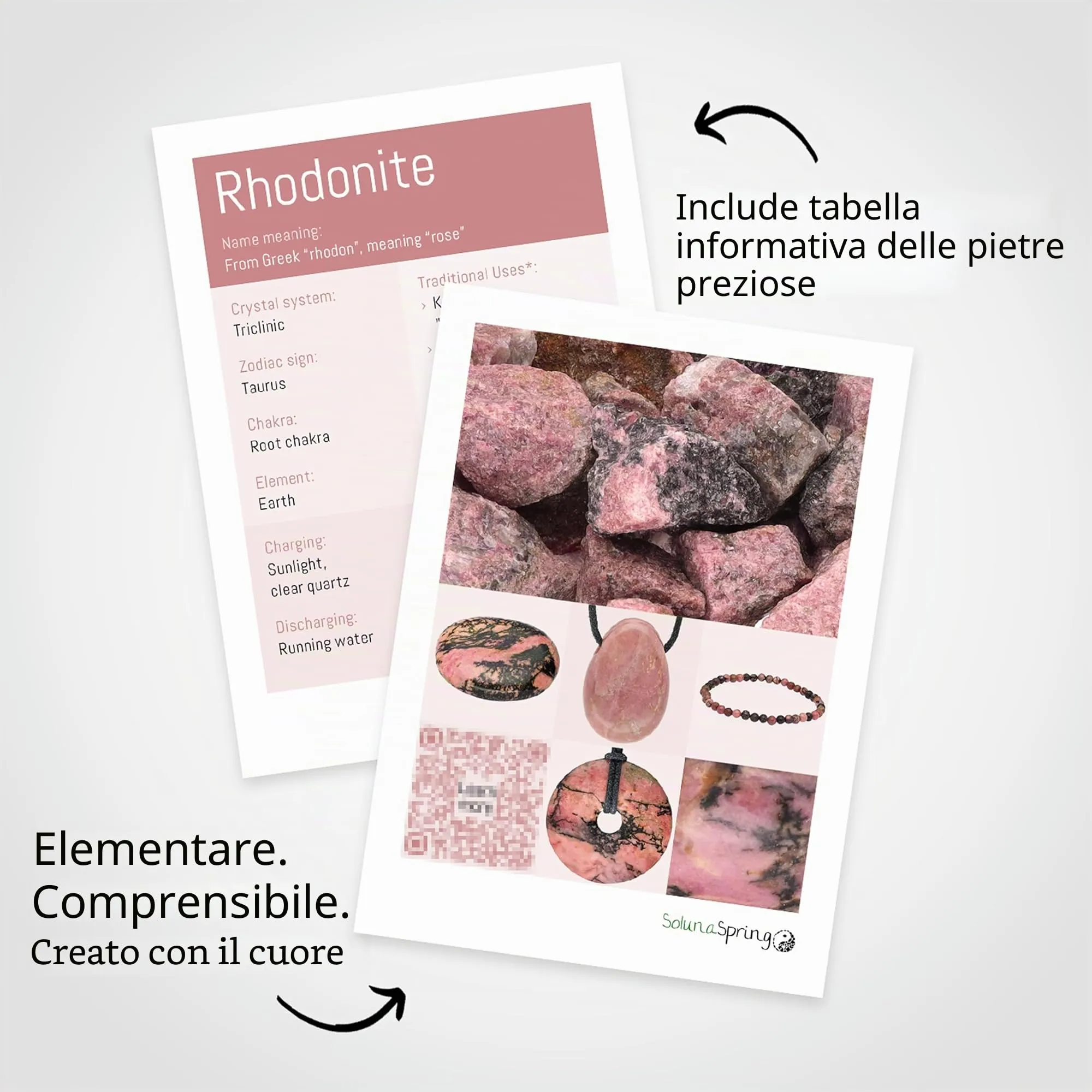 Lebensquelle Plus Donut in pietra preziosa Rodonite 30 mm con cordoncino in cotone e scheda pietra - immagine 4