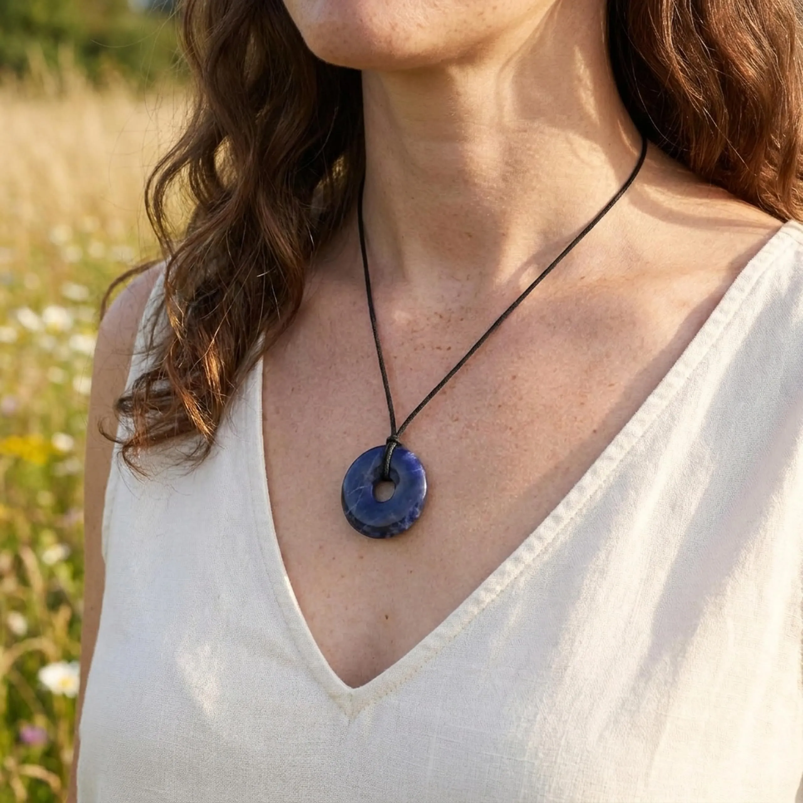 Lebensquelle Plus Donut in Sodalite 30 mm con cordoncino in cotone e scheda pietra - immagine 2