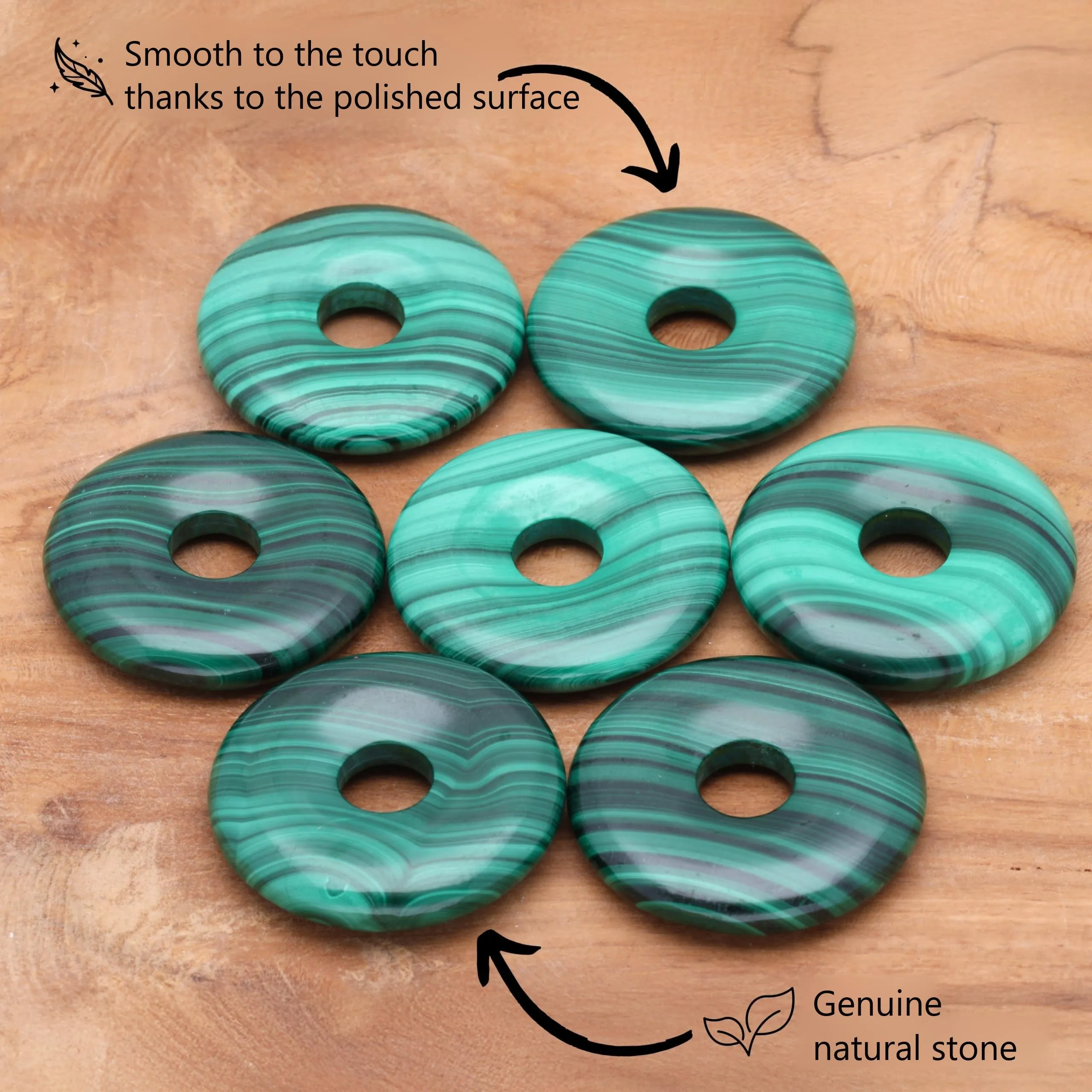 Lebensquelle Plus Malachite gemstone donut 30 mm with cotton cord and info card - immagine 3