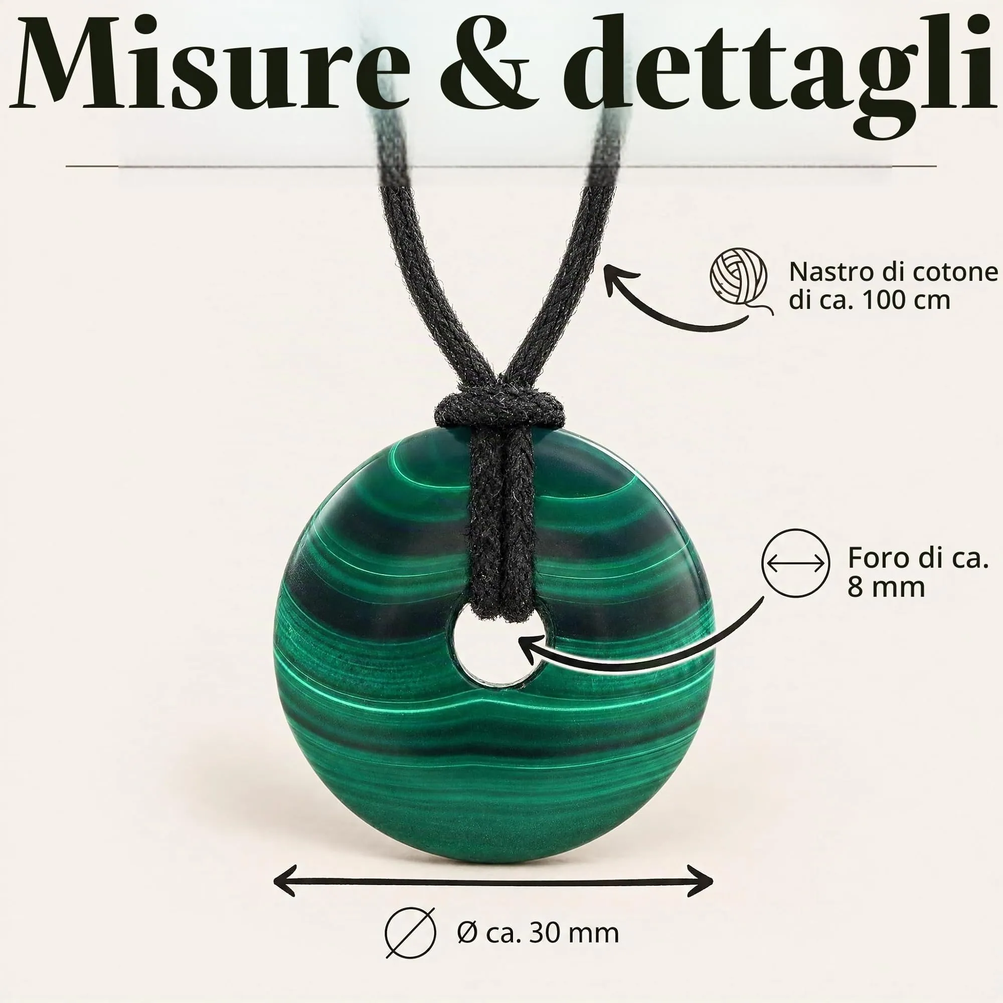 Lebensquelle Plus Malachite gemstone donut 30 mm with cotton cord and info card - immagine 6