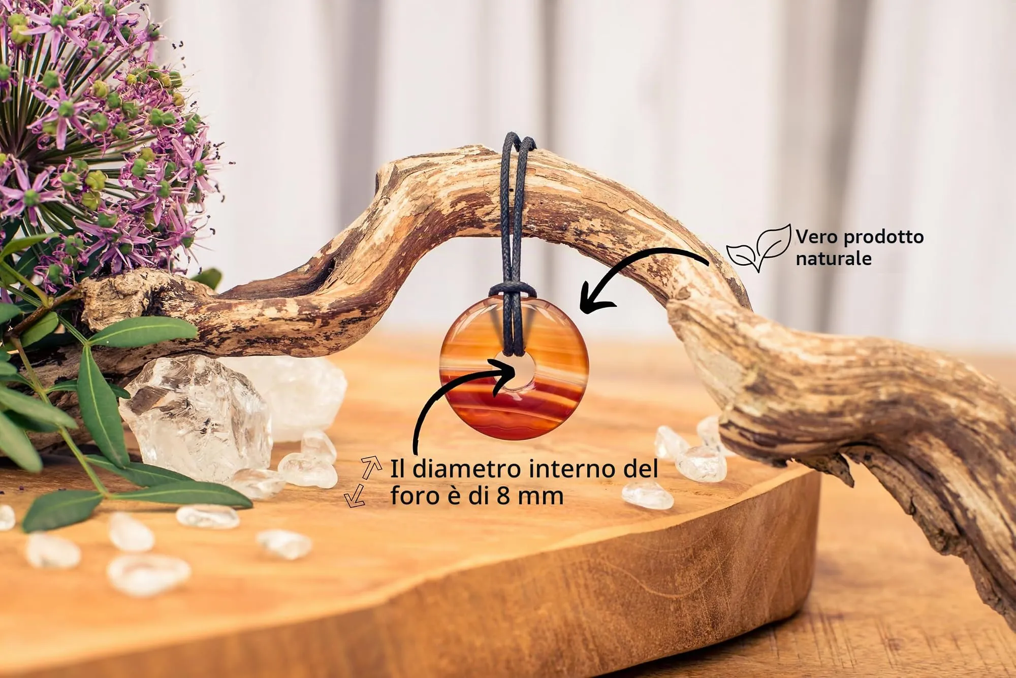 Lebensquelle Plus Donut in Pietra Preziosa Corniola 30 mm con Cordoncino in Cotone e Scheda Pietra - immagine 4
