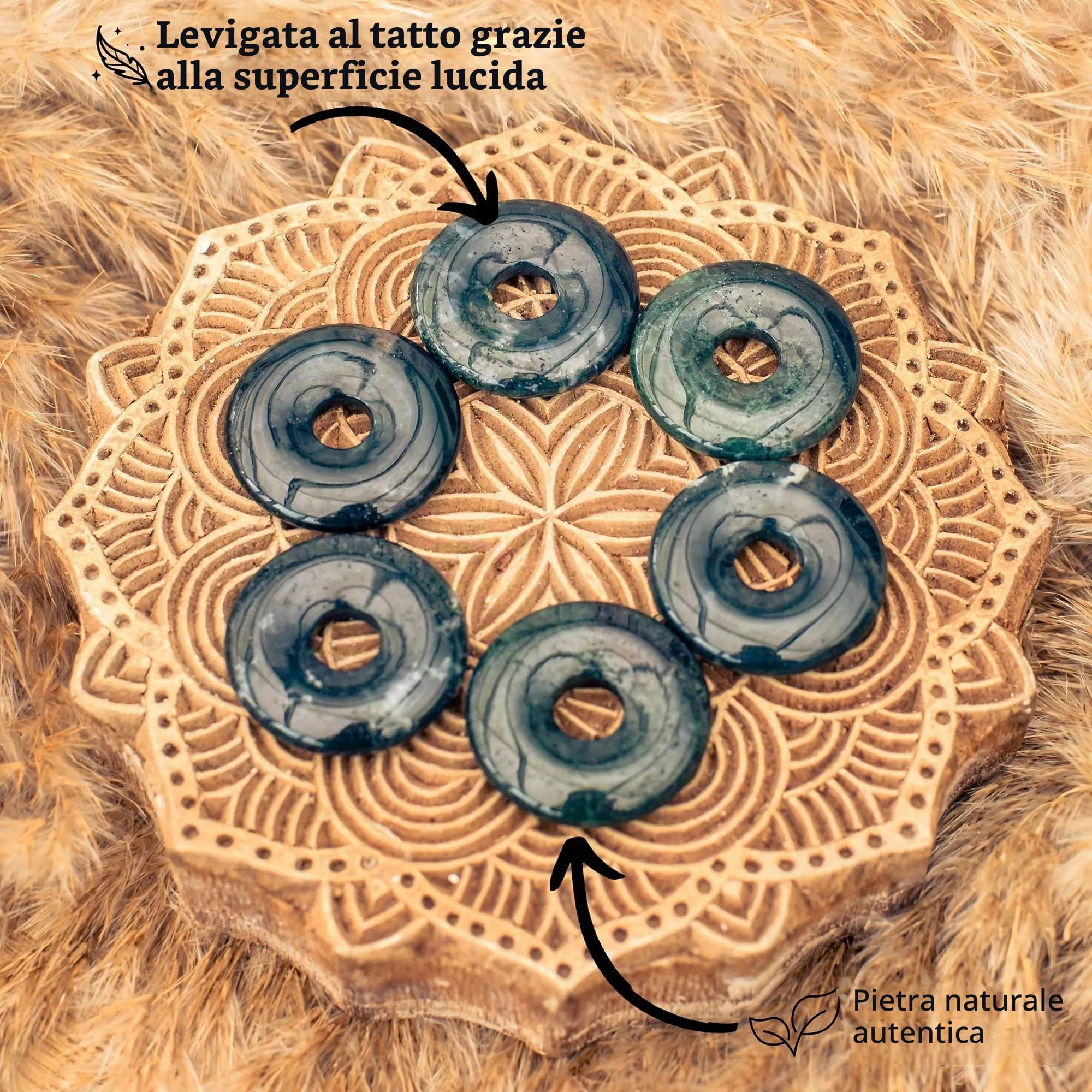 Lebensquelle Plus Agata Muschiata Precious Stone Donut 30 mm with Cotton Cord and Information Card - immagine 3