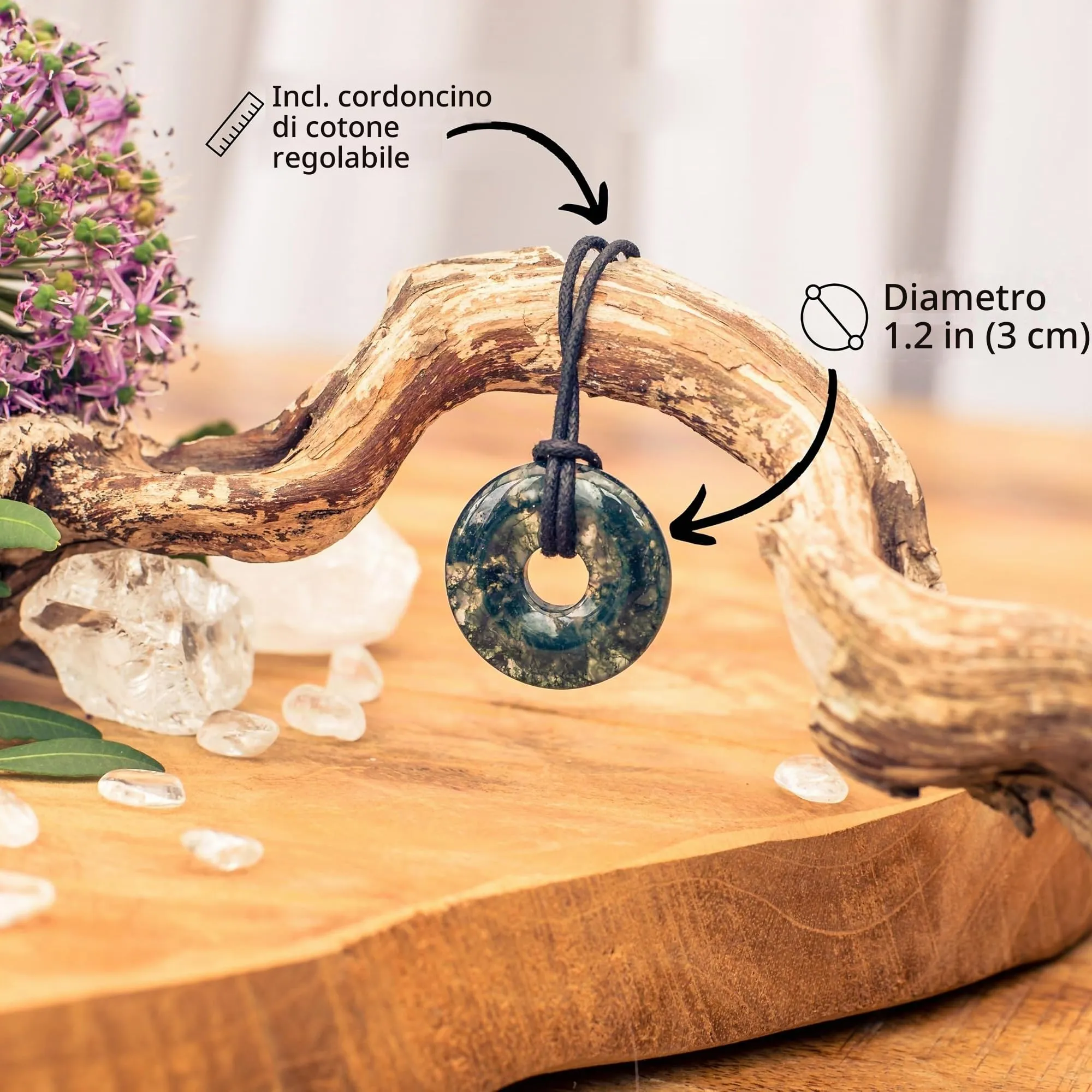 Lebensquelle Plus Agata Muschiata Precious Stone Donut 30 mm with Cotton Cord and Information Card - immagine 5