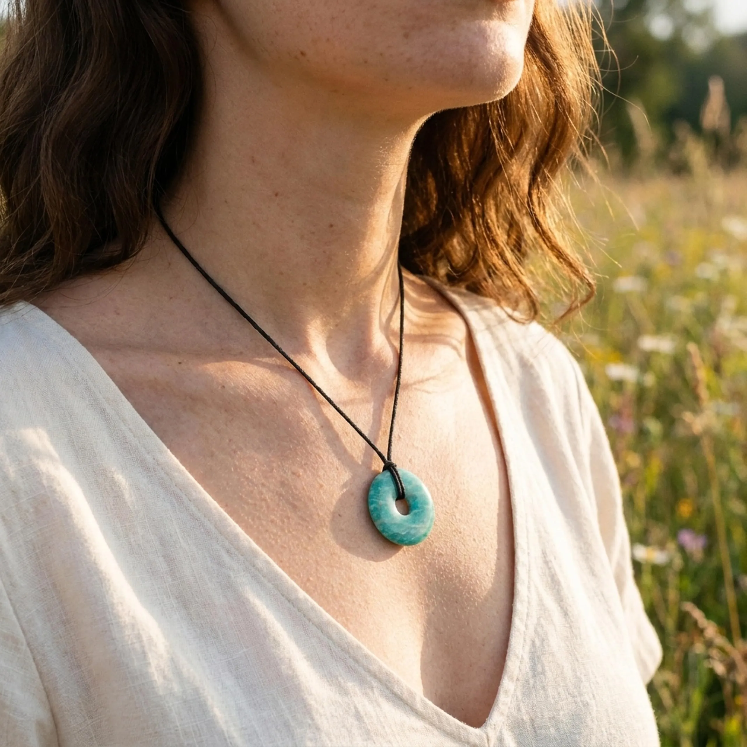 Lebensquelle Plus Donut in pietra preziosa Amazonite 30 mm con cordoncino in cotone e scheda pietra - immagine 2