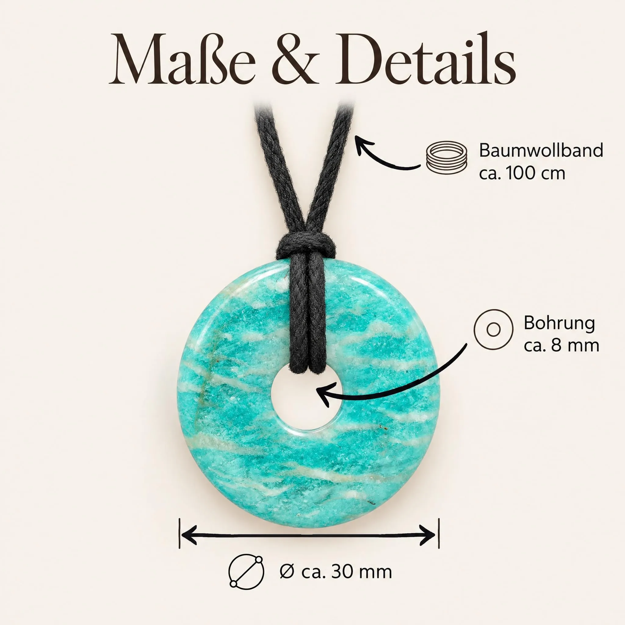 Lebensquelle Plus Donut in pietra preziosa Amazonite 30 mm con cordoncino in cotone e scheda pietra - immagine 6